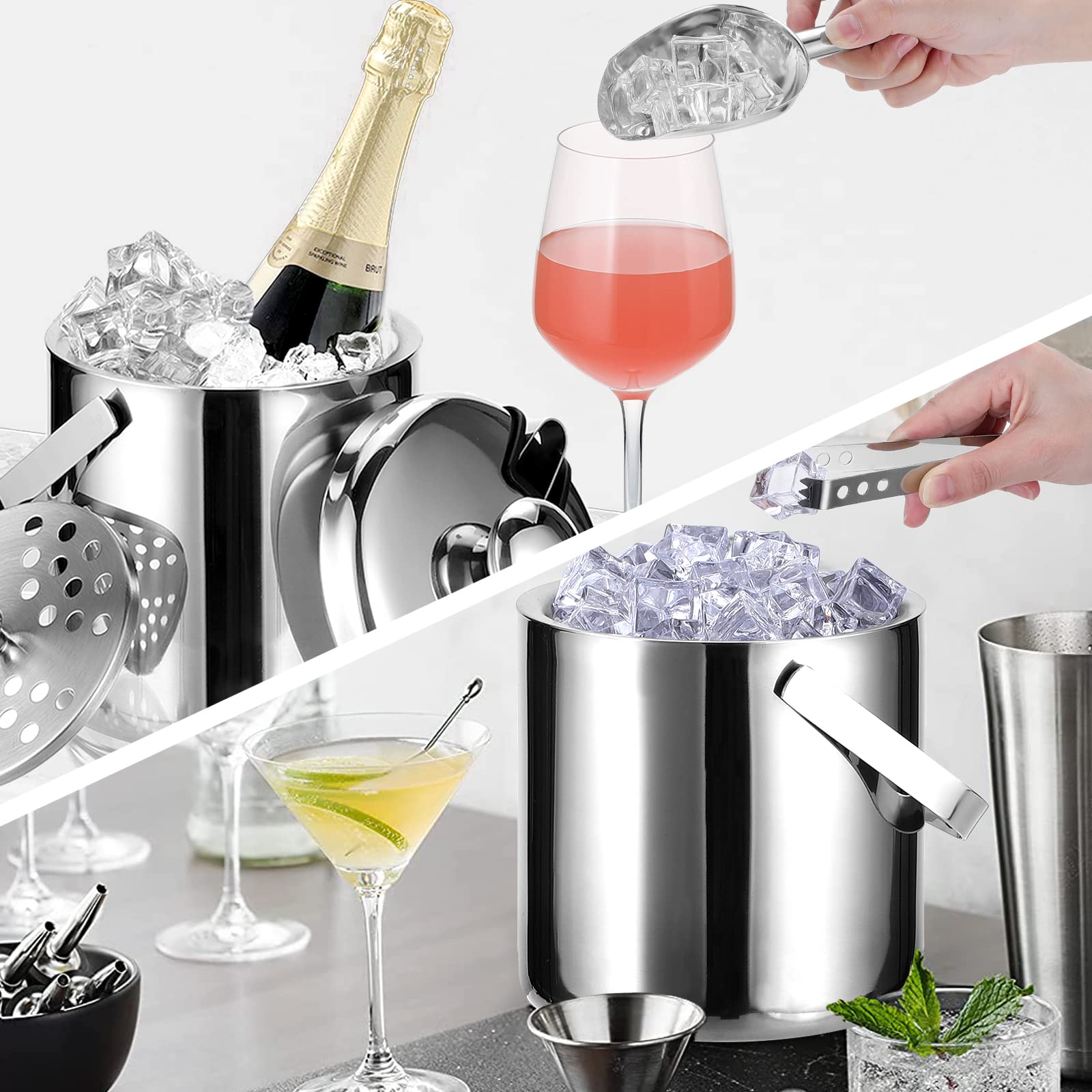 Premium 1.5L Stainless Steel Ice Bucket with Lid - Double Wall Insulated Metal Ice Bucket for Whiskey, Cocktails & Beverages - Includes Tongs & Strainer - Perfect for Home Bars, Parties, Weddings & Outdoor Events