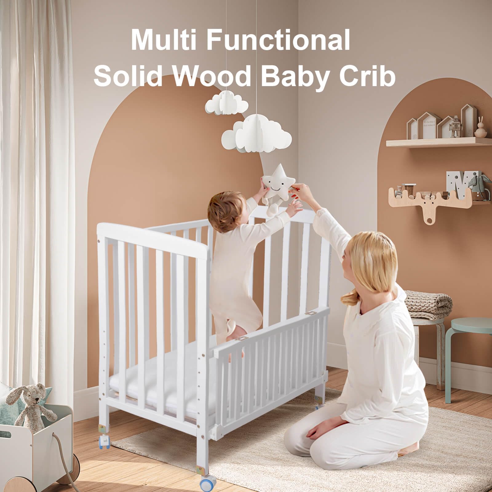 **Pine Wood Baby Bassinet Bedside Sleeper - Adjustable 6 Height Co-Sleeper Crib with Mattress for Newborns & Infants | Portable Nursery Bed for Safe Sleep, Breastfeeding & Room Sharing (White)**