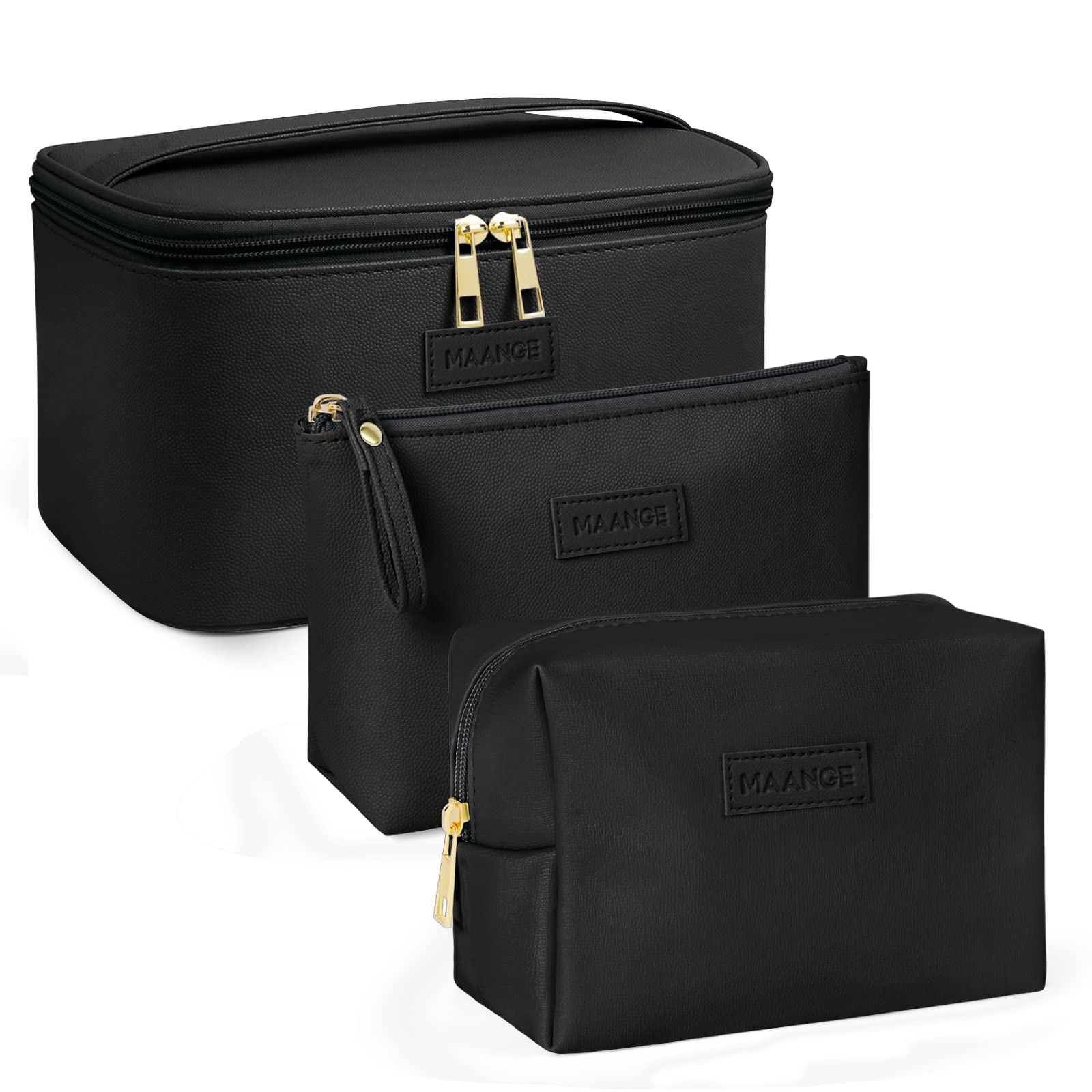 MAANGE Large Leather Makeup Bag Set - 3-Piece Travel Cosmetic Organizer with 2 Small Pouches, Waterproof Toiletry Bag for Women | Perfect for Travel, Gym, Daily Use & Gift (Black)