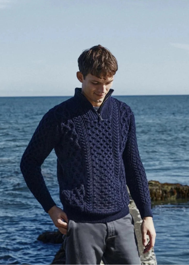 Ireland's Eye Men's Dromore Aran Sweater - 100% Wool Cable Knit Irish Sweater for Men | Warm Winter Pullover for Casual Wear & Outdoor Activities (Navy Blue)