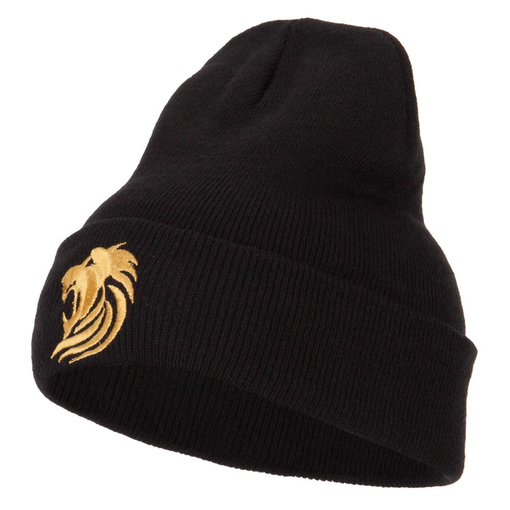 Gold Lion Embroidered Long Cuffed Beanie - Winter Warm Knit Hat for Men & Women - Perfect for Skiing, Snowboarding & Outdoor Activities