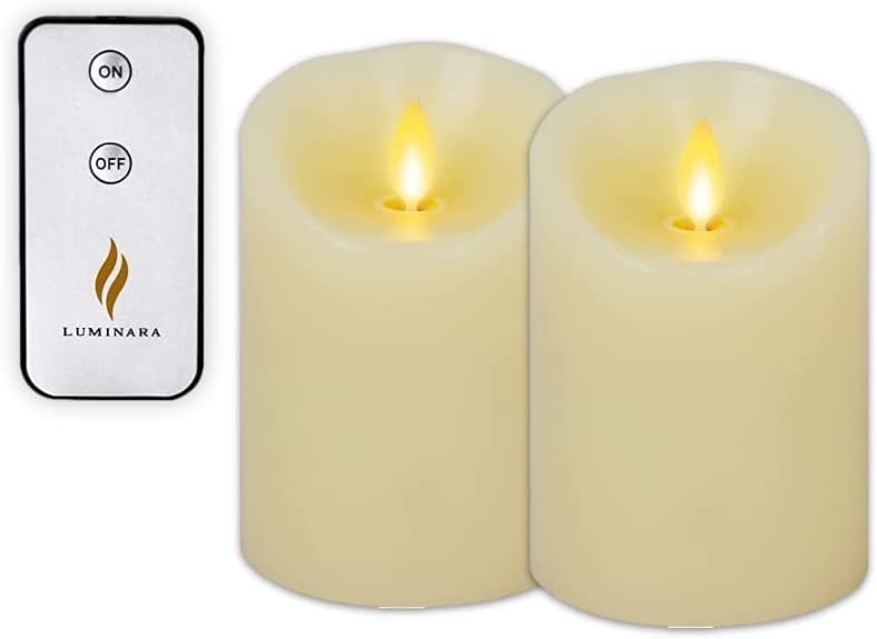 Luminara Set of 2 Flameless Flickering Pillar Candles - Real Wax Battery Operated LED Candles with Timer & Remote, Scalloped Edge Smooth Finish, 1000 Hour Runtime, Unscented Ivory (4
