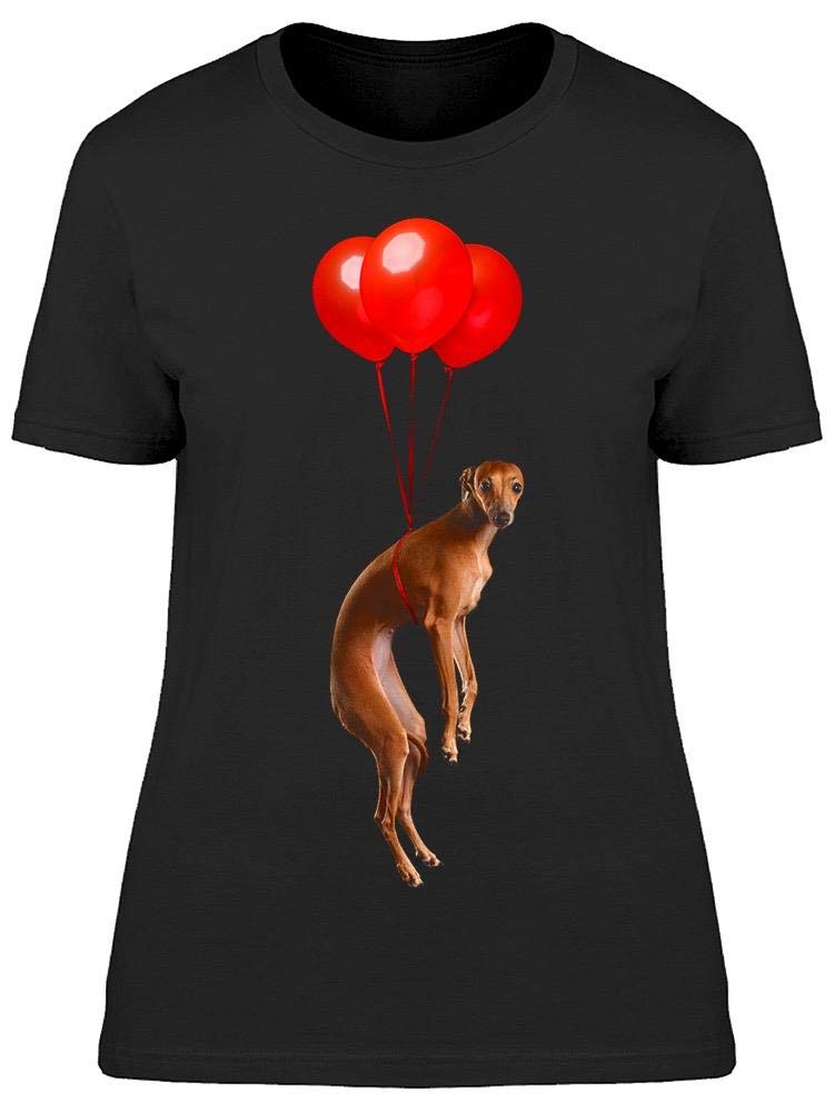 Red Greyhound Balloons Flying Graphic T-Shirt for Women - Casual Comfort Tee for Dog Lovers, Outdoor Activities & Everyday Wear