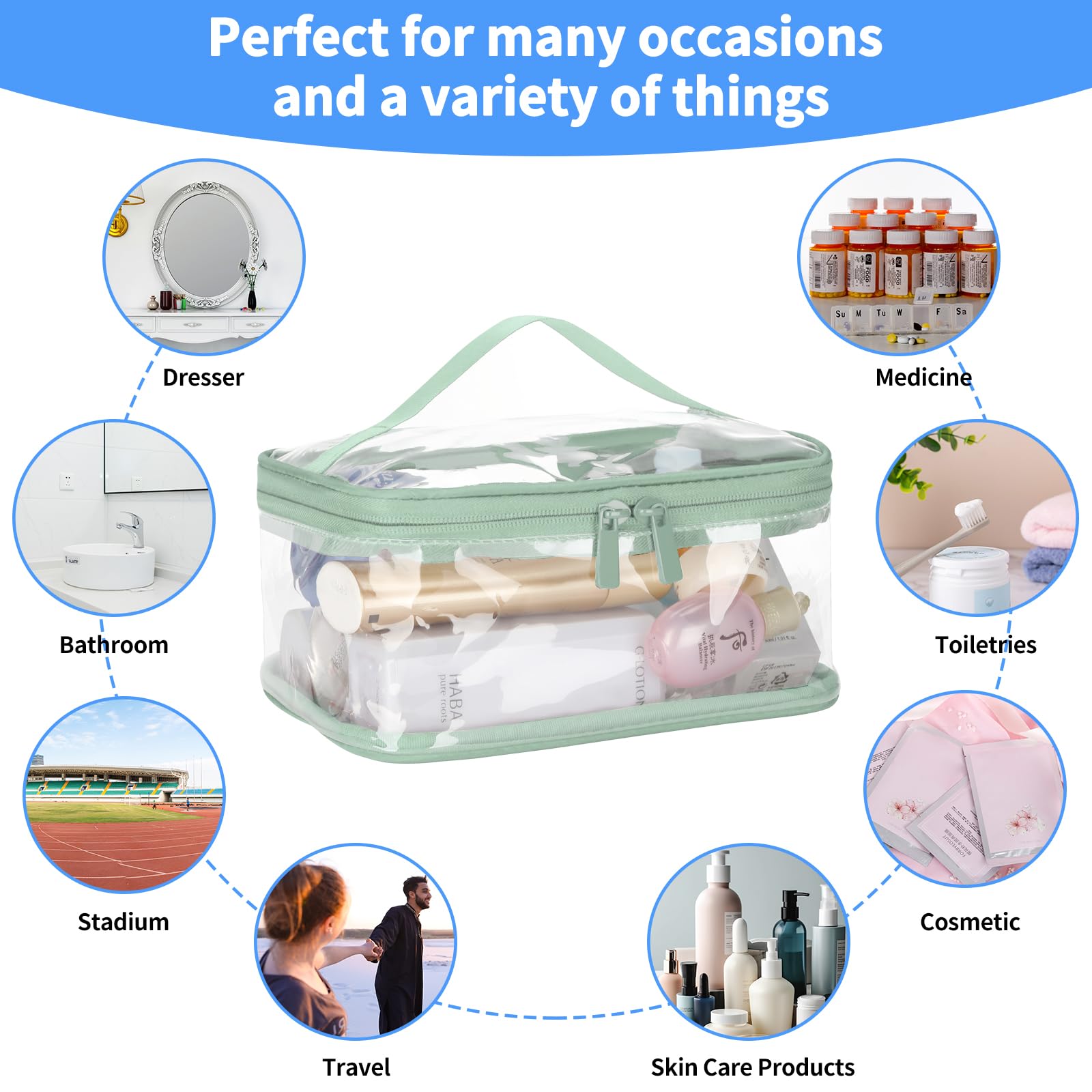 HAOGUAGUA 2-Pack Clear Makeup Bags for Travel - TSA Approved Waterproof Transparent Toiletry Organizer (Green) | Perfect for Airports, Gym & Daily Essentials Storage