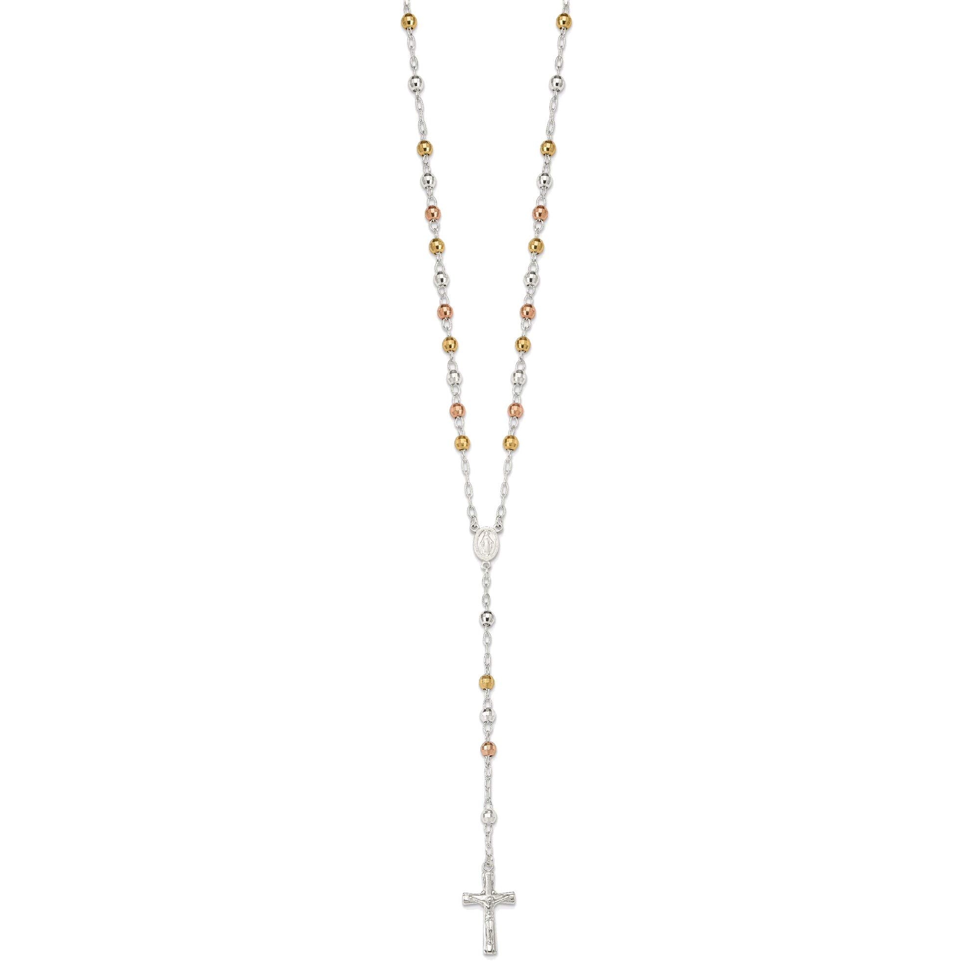 Bonyak Jewelry Sterling Silver Rosary Necklace with Textured Tricolor Beads - Elegant Religious Jewelry for Women, Perfect for Church, Weddings & Everyday Wear