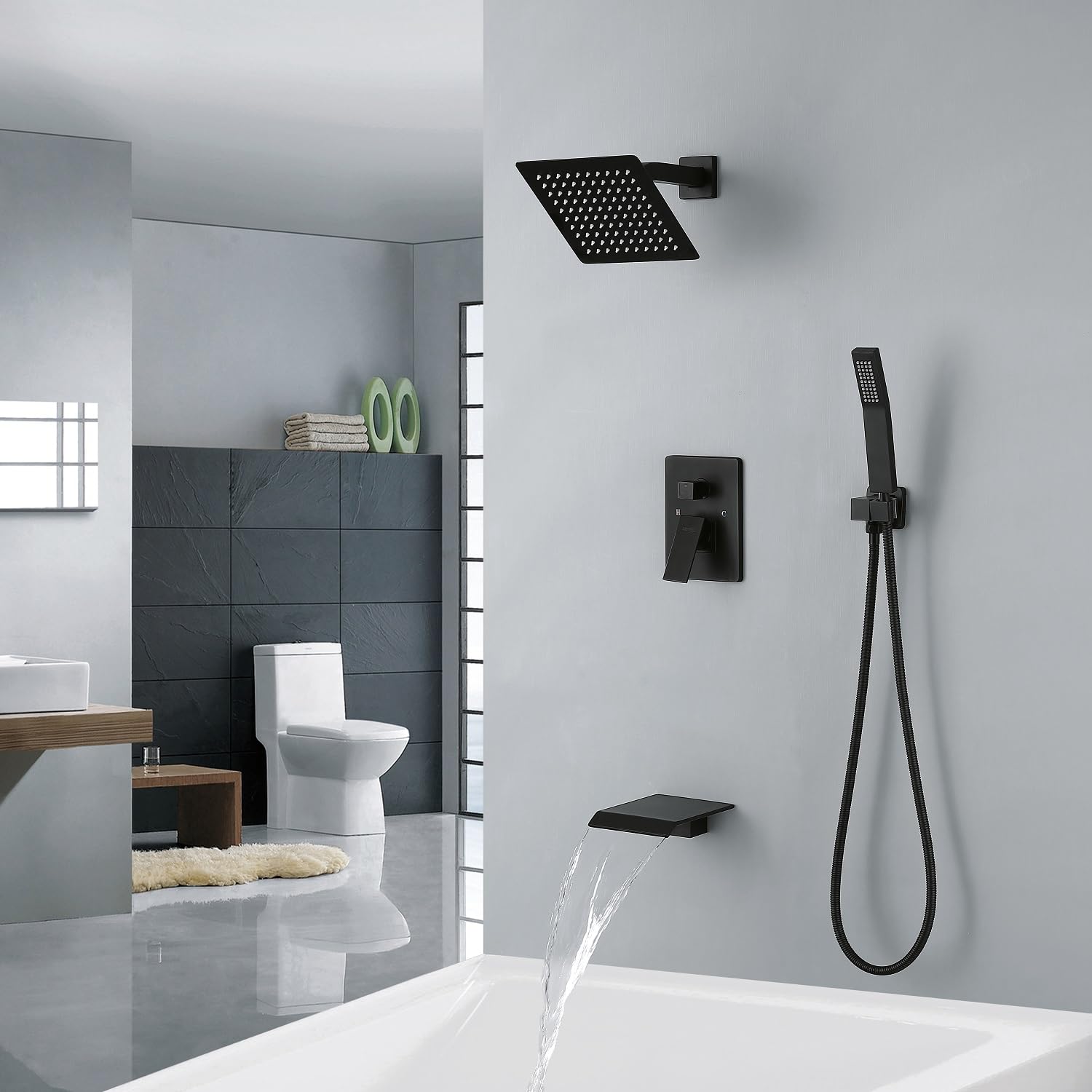 Premium Matte Black Bathtub Shower System - 8 Inch Rainfall Shower Head & Handheld Sprayer Combo for Luxurious Bathroom Upgrade | Perfect for Modern Homes & Spa-Like Experience