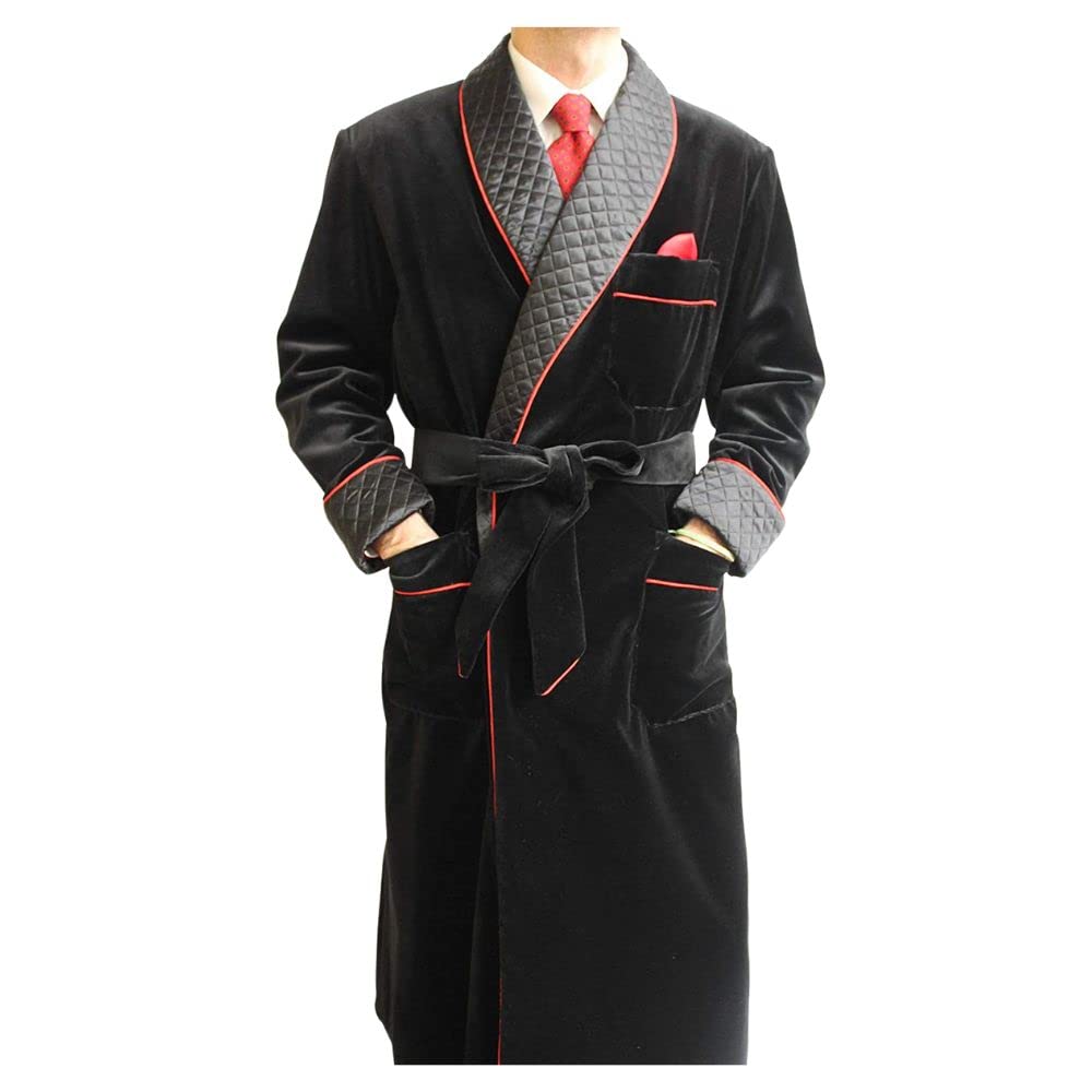 Luxury Black Velvet Smoking Jacket for Men - Elegant Quilted Collar Long Belted Coat with Shawl - Perfect for Weddings, Parties & Formal Events