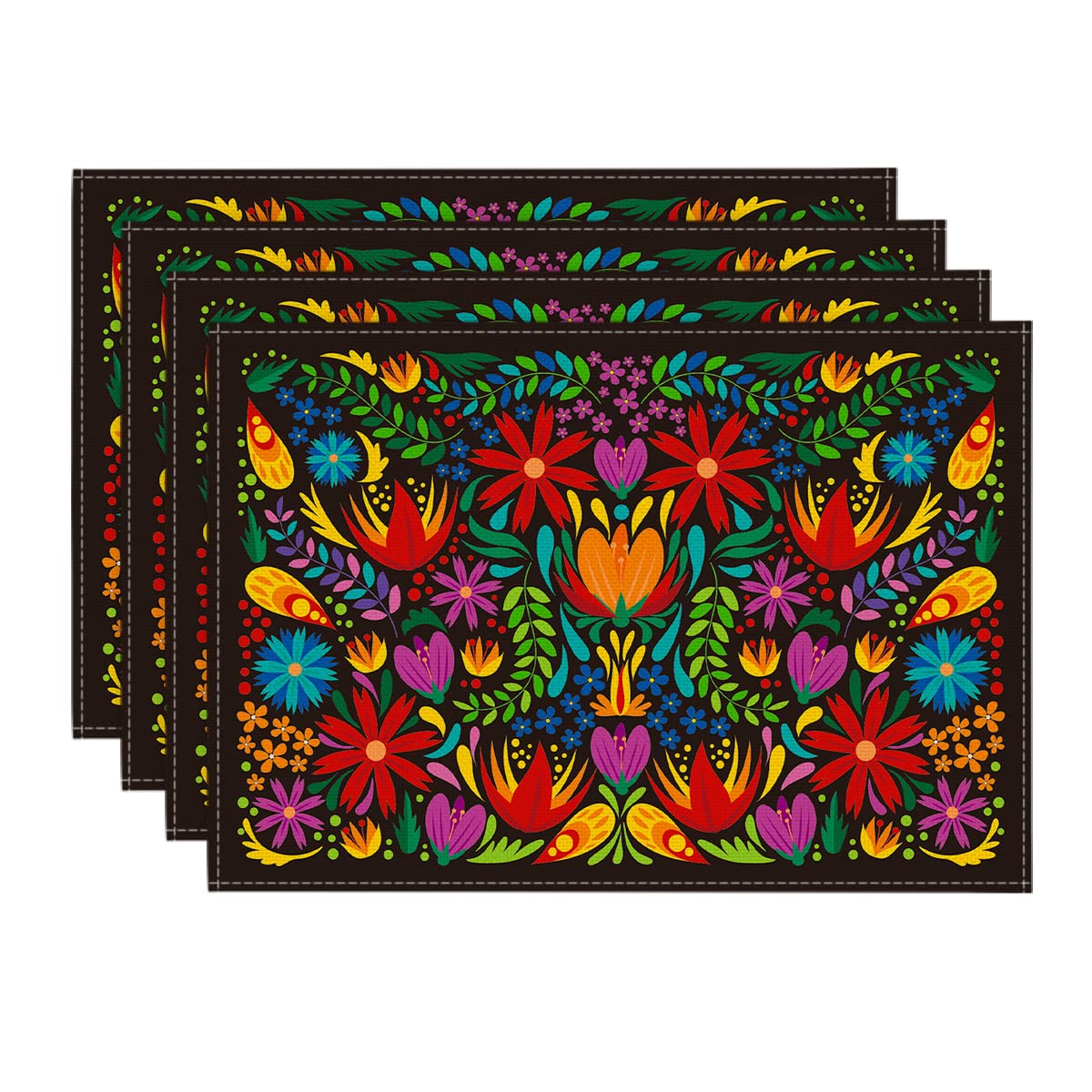 Colorful Mexican Cinco De Mayo Placemats Set of 4 - 12 x 18 Inch Floral Fiesta Table Mats for Dining, Washable & Durable Dia De Los Muertos Decor - Perfect for Mexican Themed Parties, Family Gatherings & Holiday Celebrations