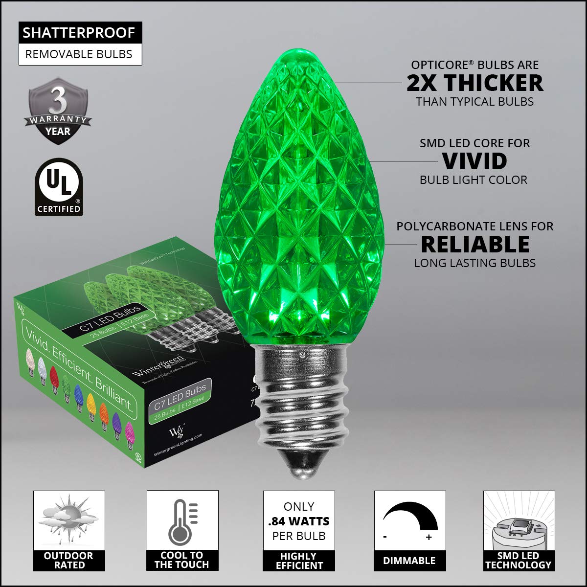 25’ OptiCore LED C7 Green Christmas Pathway Lights - Energy Efficient Outdoor Driveway & Walkway Lighting with 4.5” Ground Stakes & Green Wire - Perfect for Holiday Decor, Garden, Patio & Landscape Lighting