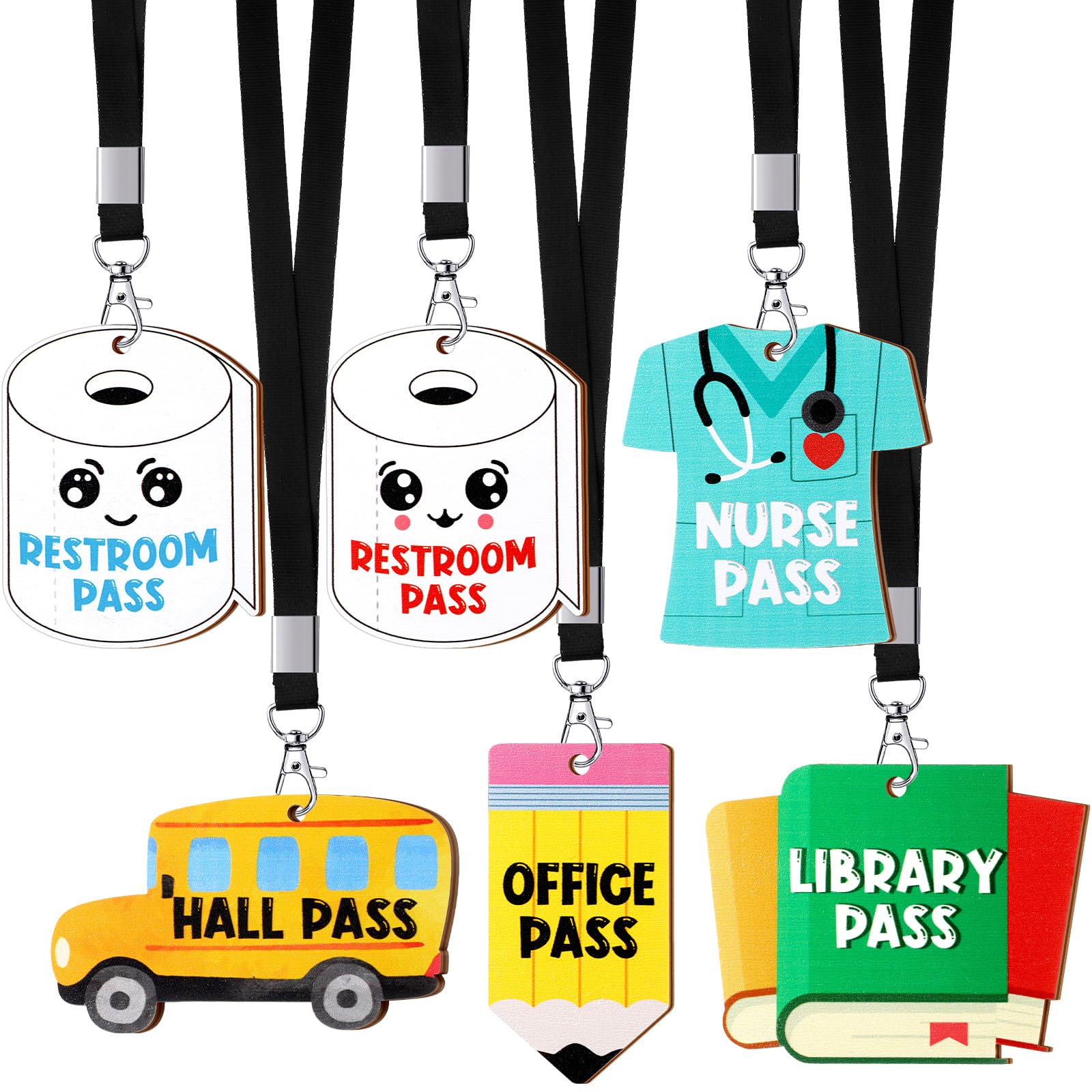 Sabary 6 Sets Unbreakable Wooden Hall Pass Lanyards with School Passes - Durable Classroom Bathroom Passes for Hall, Restroom, Library, Office & Nurse - Perfect Teacher Supplies Gift (Cute Style) - Ideal for Elementary Schools, Middle Schools and Teacher Appreciation Gifts