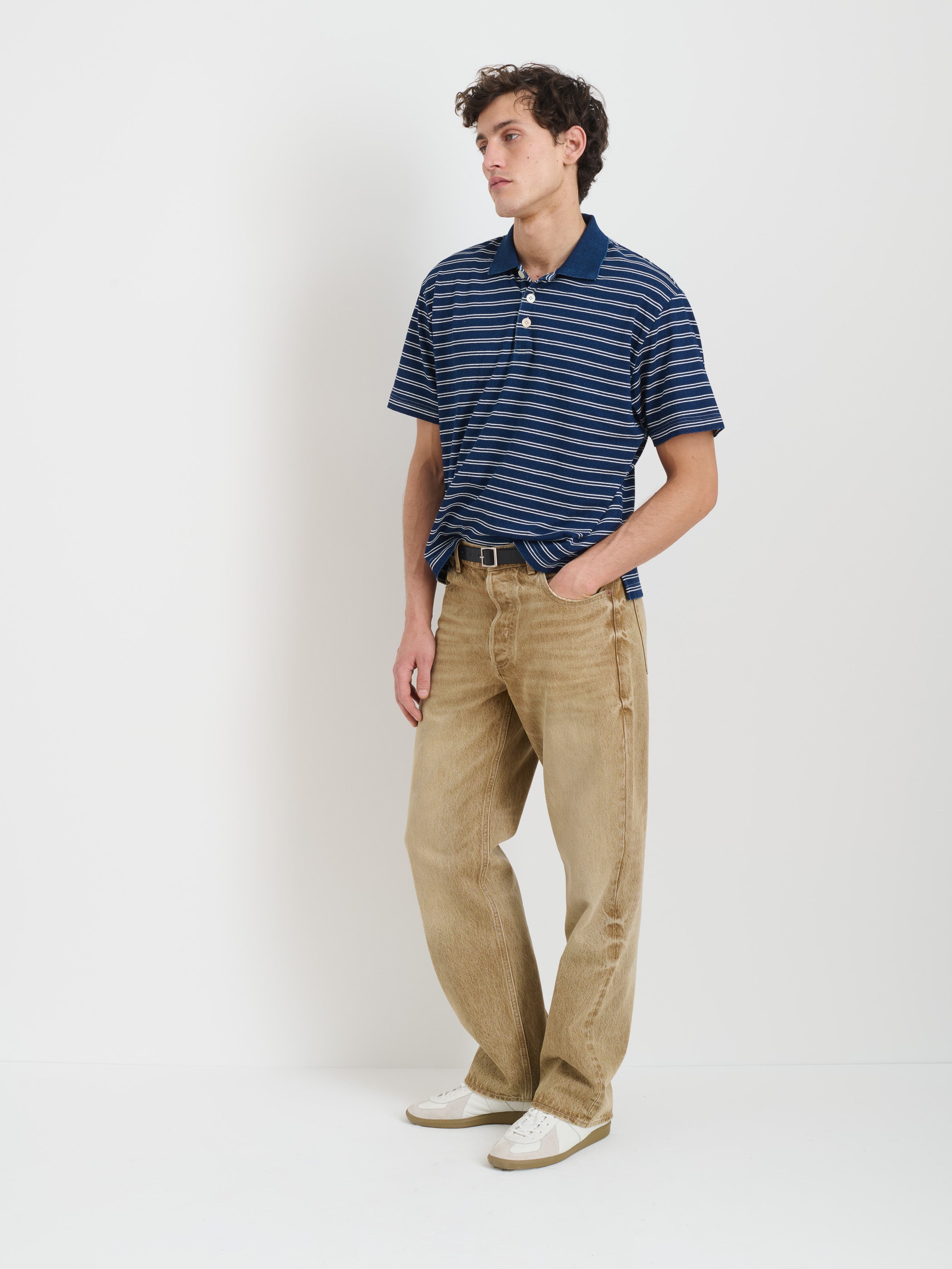 Lucas Men's Polo Shirt - Indigo Blue Double Stripe Casual Button Down Shirt for Golf, Business & Everyday Wear