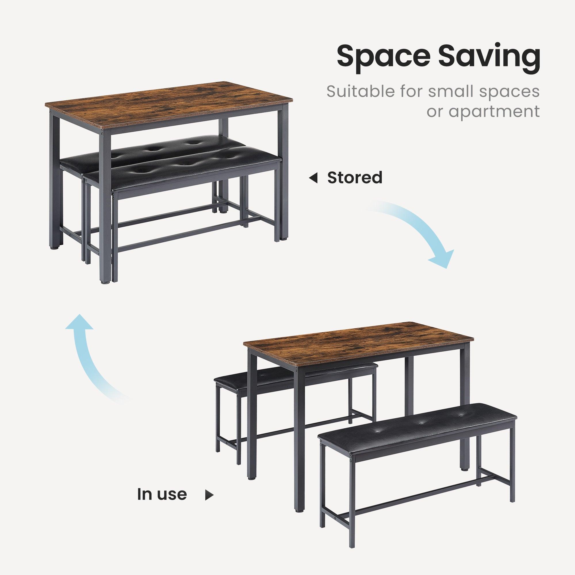 Industrial Style Dining Table Set with 2 PU Upholstered Benches - Rustic Brown Kitchen & Living Room Furniture (43.3