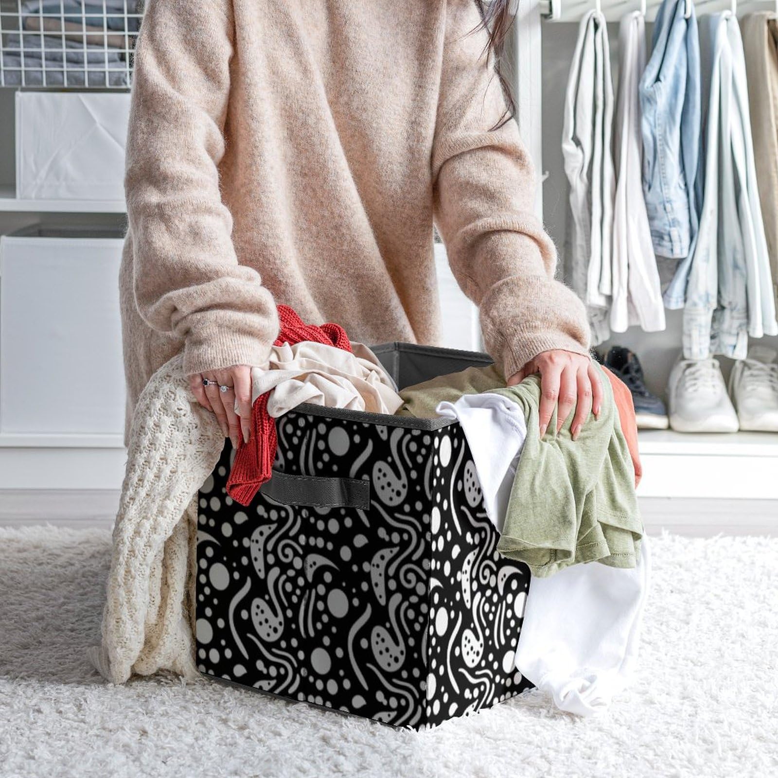 Black and White Pattern Printed Storage Box - Portable Toy & Office Organizer for Home, Kids Room, and Workplace Organization
