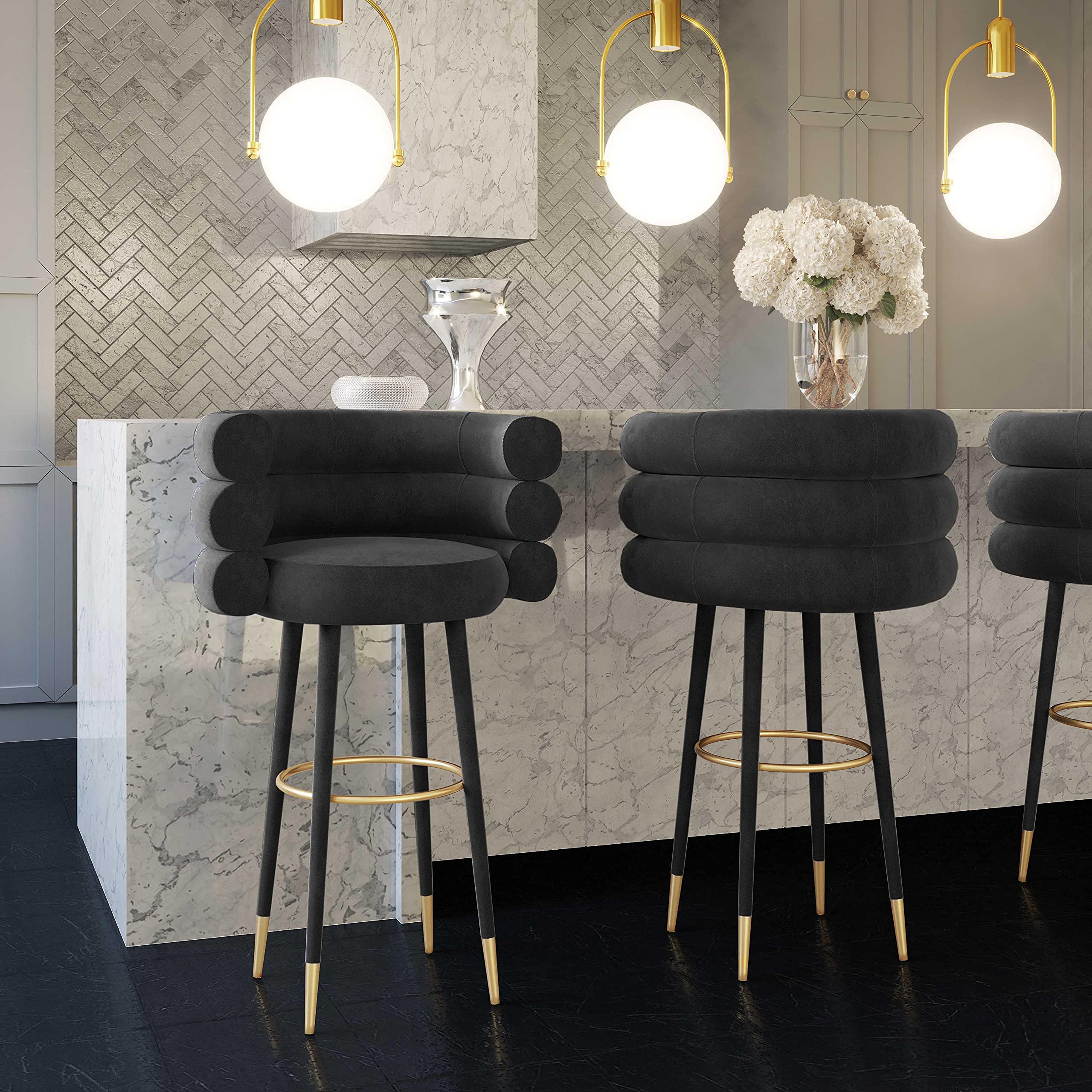 Tov Furniture Betty Stylish Velvet Upholstered Counter Stool with Gold Tipped Legs - Black Velvet Bar Stool for Kitchen Island, Breakfast Nook & Home Decor