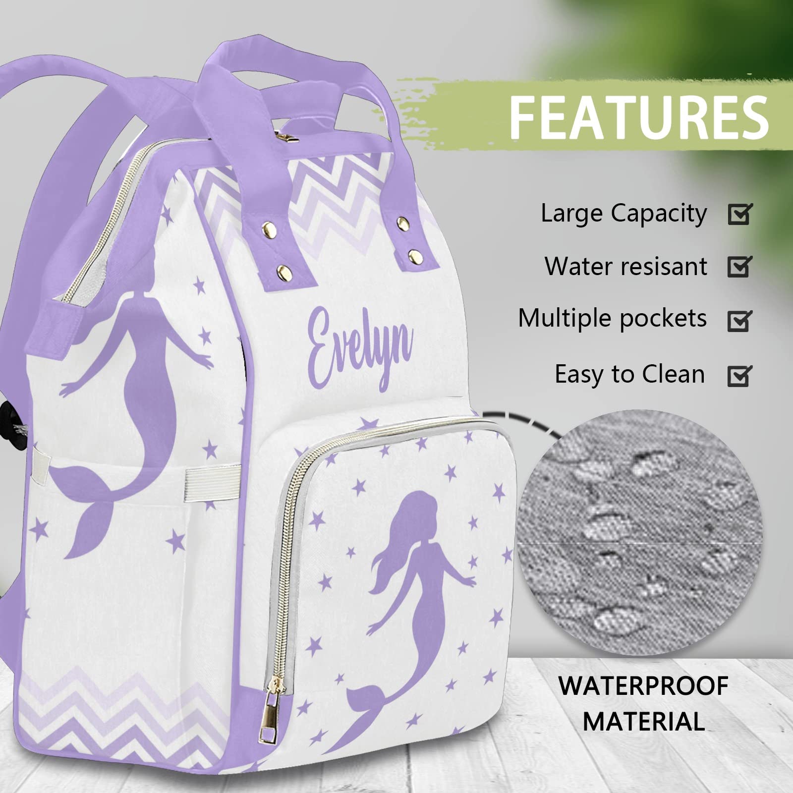 Custom Mermaid Chevron Purple Diaper Bag Backpack Tote - Personalized Baby Shower Gift for Moms, Travel & Daily Use