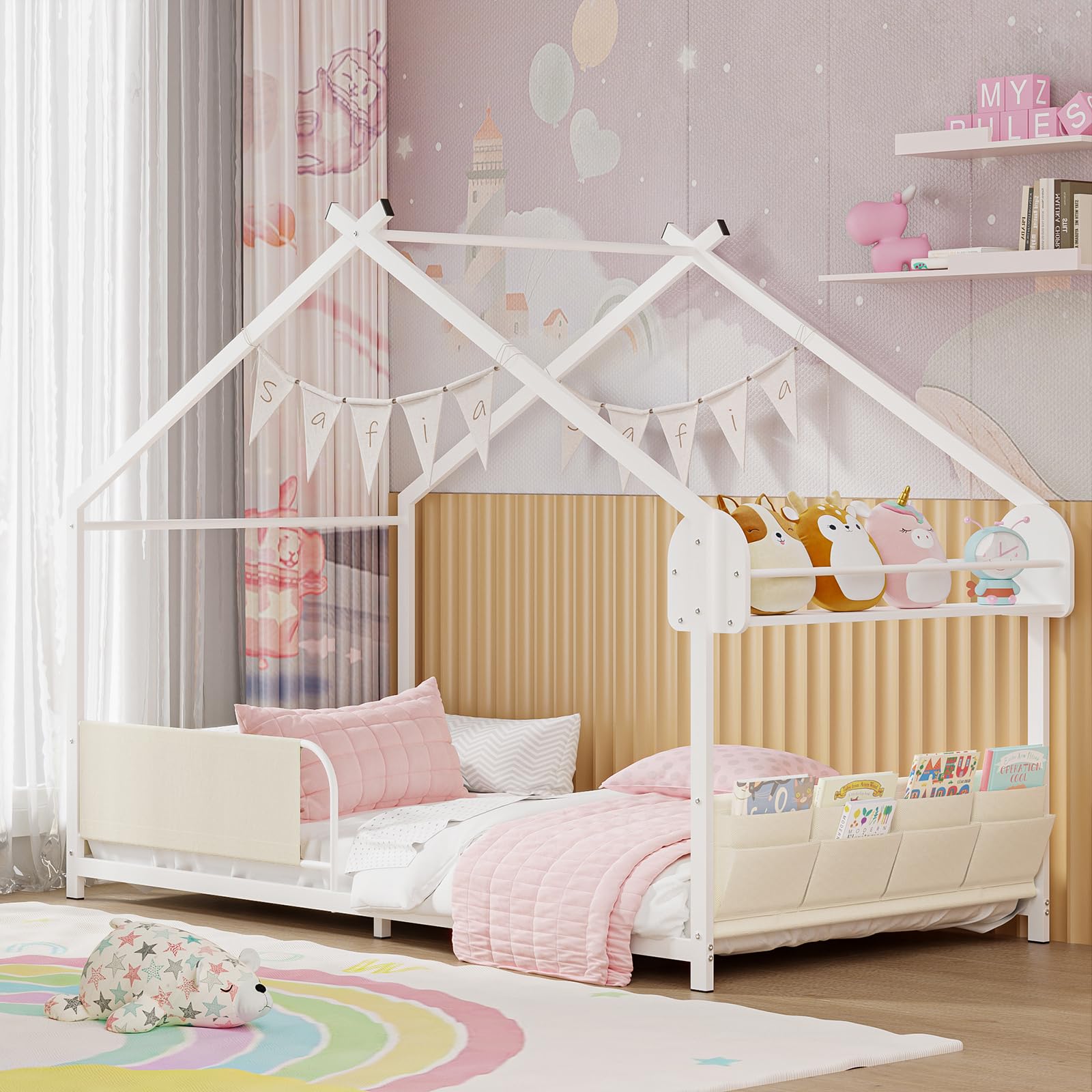 Timy House Twin Size Montessori Metal Floor Bed with Storage Rack & Caddy - No Box Spring Needed White Kids Bed Frame - Perfect for Montessori Bedrooms, Small Spaces & Toddler Sleep Training