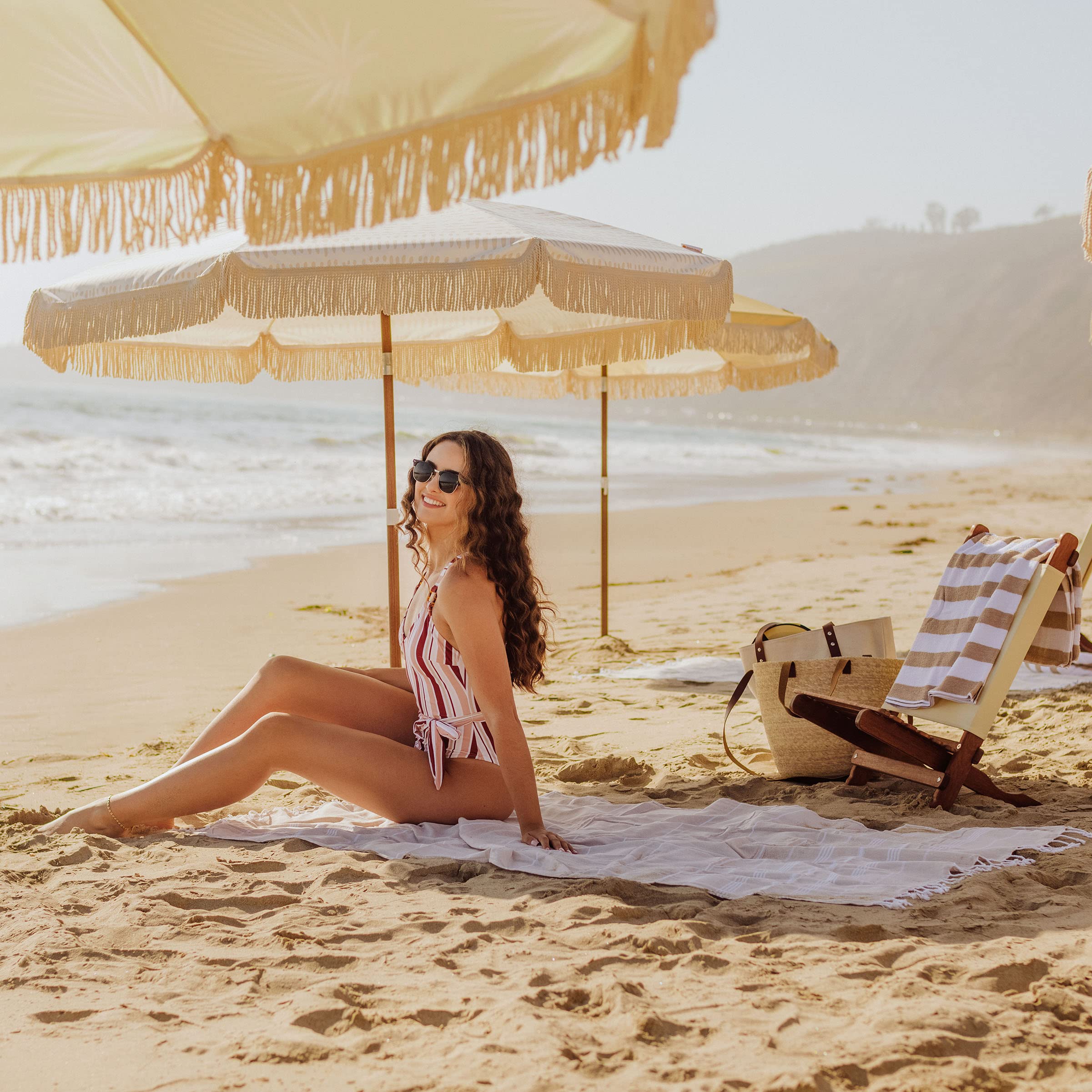 BEACH STATE Summerland 6.5ft Fringed Beach Umbrella - UV50+ Sun Protection Patio & Outdoor Umbrella for Poolside, Backyard, and Beach Relaxation