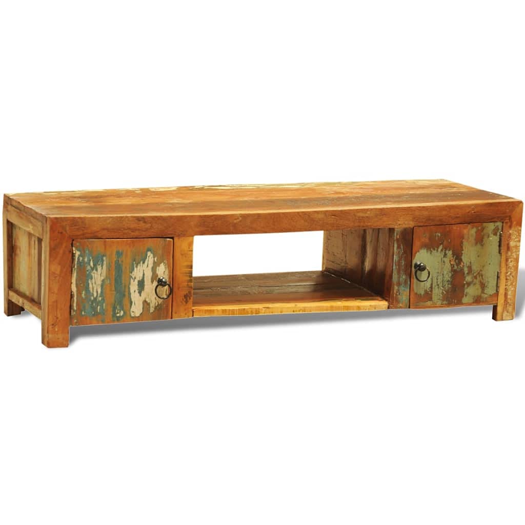 Reclaimed Solid Wood TV Stand with 2 Doors - Antique-Style Wooden Media Cabinet with Storage Drawers & Open Shelves - Handcrafted Vintage Entertainment Center for Living Room, Bedroom or Home Theater Setup
