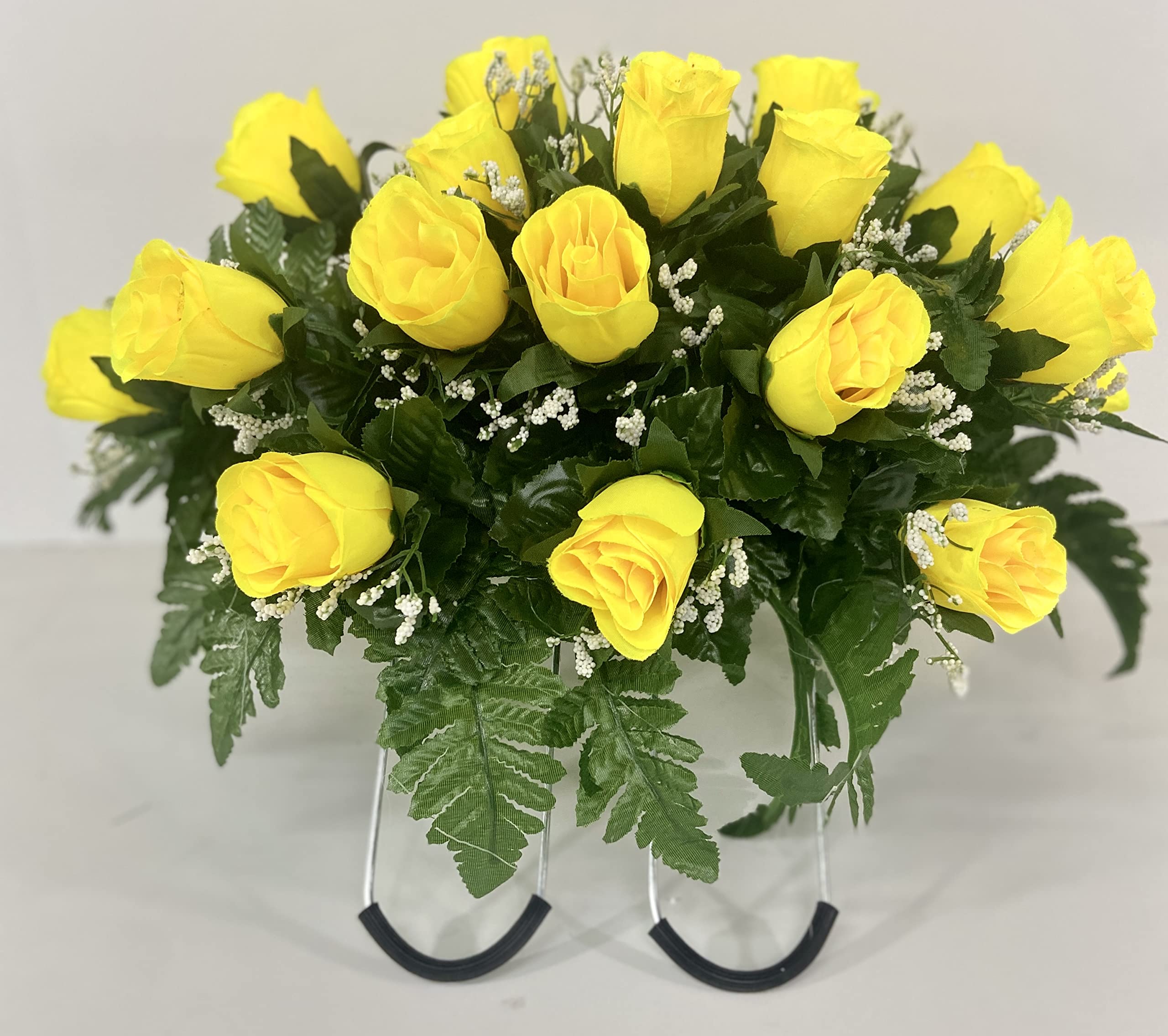 Small Yellow Rose & Baby's Breath Cemetery Headstone Saddle Flower Arrangement - Sympathy & Memorial Flowers for Graveside Decorations (Perfect for Funerals, Memorials & Grave Visits)