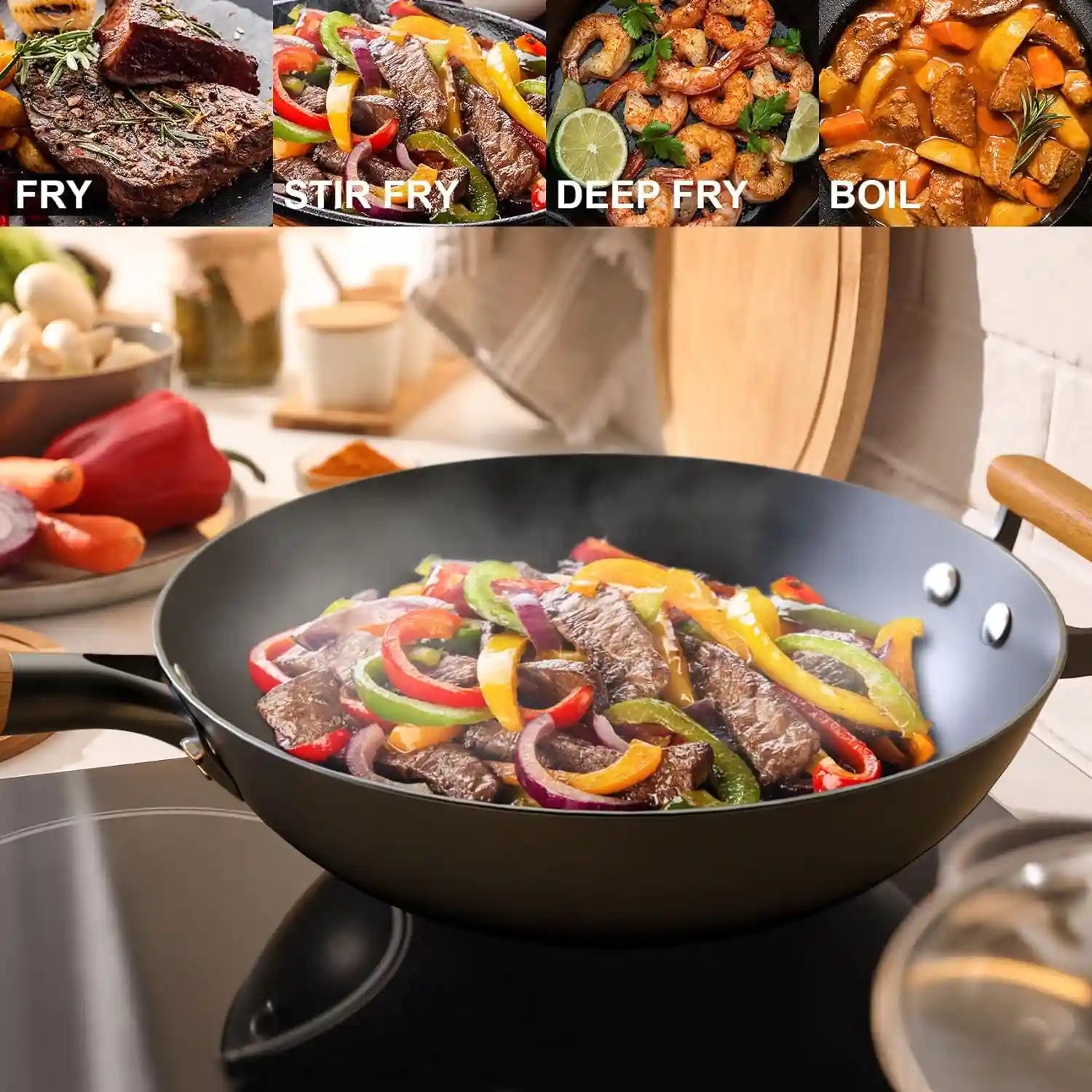 12.6 Inch Carbon Steel Nonstick Wok Pan - Professional Chinese Stir Fry Pan for Home Cooking, Restaurant Use & Healthy Meal Prep