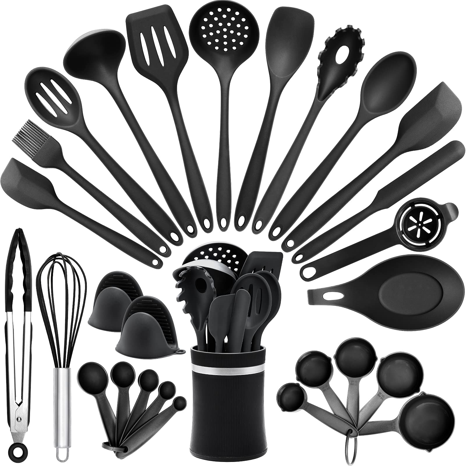 AIKWI 28-Piece Silicone Cooking Utensils Set - Heat-Resistant Non-Stick Kitchen Tools with Holder (Black) - Includes Spatula, Tongs & Spoon - BPA Free - Perfect Gift for Home Chefs & Cooking Enthusiasts - Ideal for Baking, Frying & Everyday Meal Prep