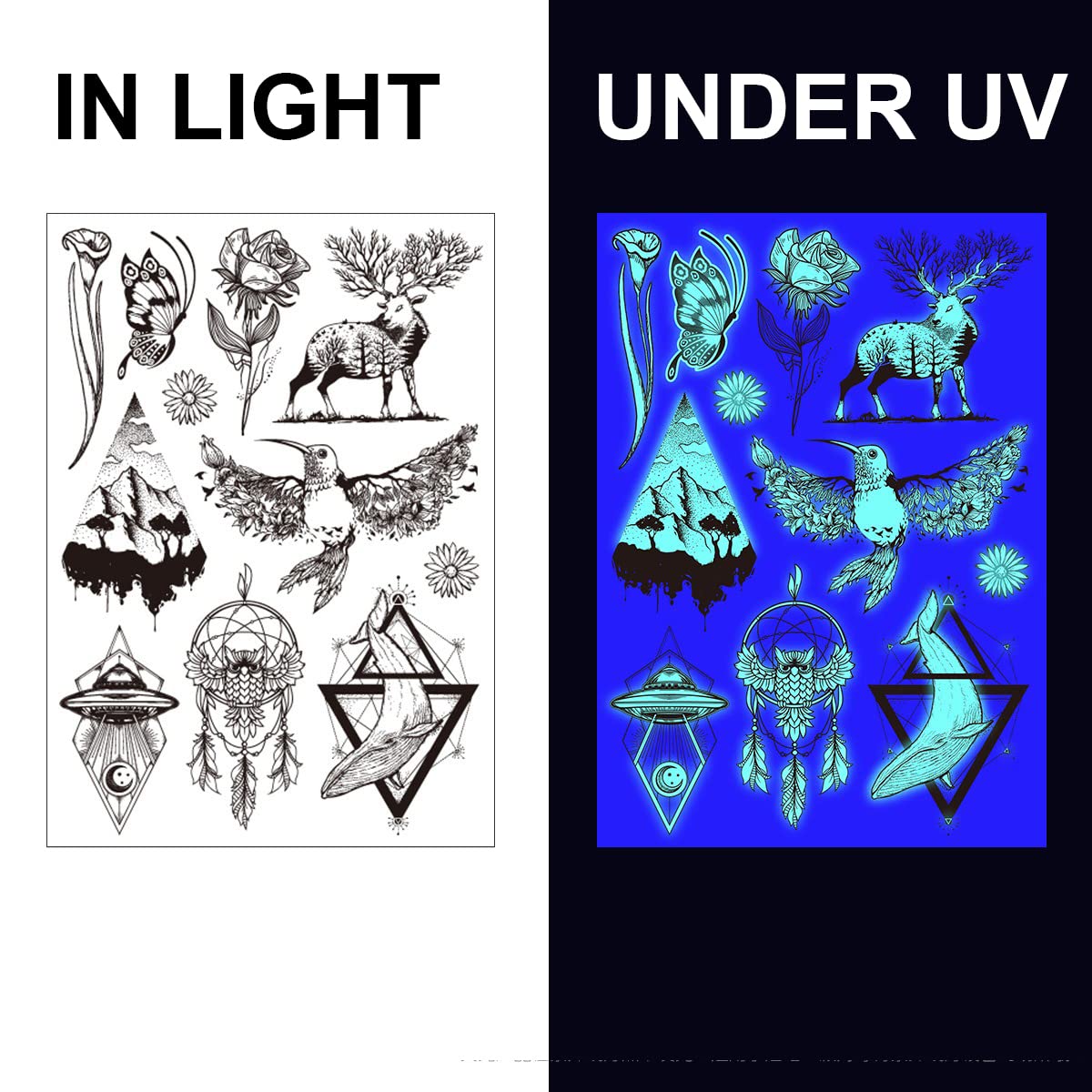 UV Neon Temporary Tattoos for Men & Women - Waterproof Fake Tattoo Stickers (21x15cm) | Armband, Butterfly, Animal & Dreamcatcher Designs for Parties, Festivals & Body Art