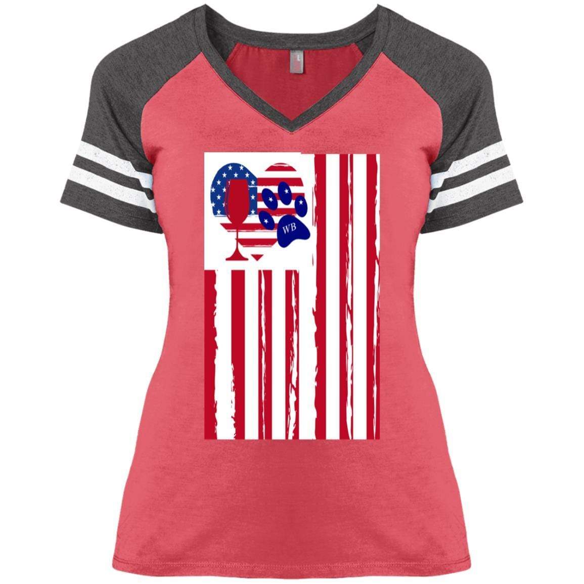 American Flag Wine Paw Heart V-Neck T-Shirt for Women - Cute Casual Ladies' Game Day Tee - Perfect for Parties, Girls Night Out & Patriotic Events