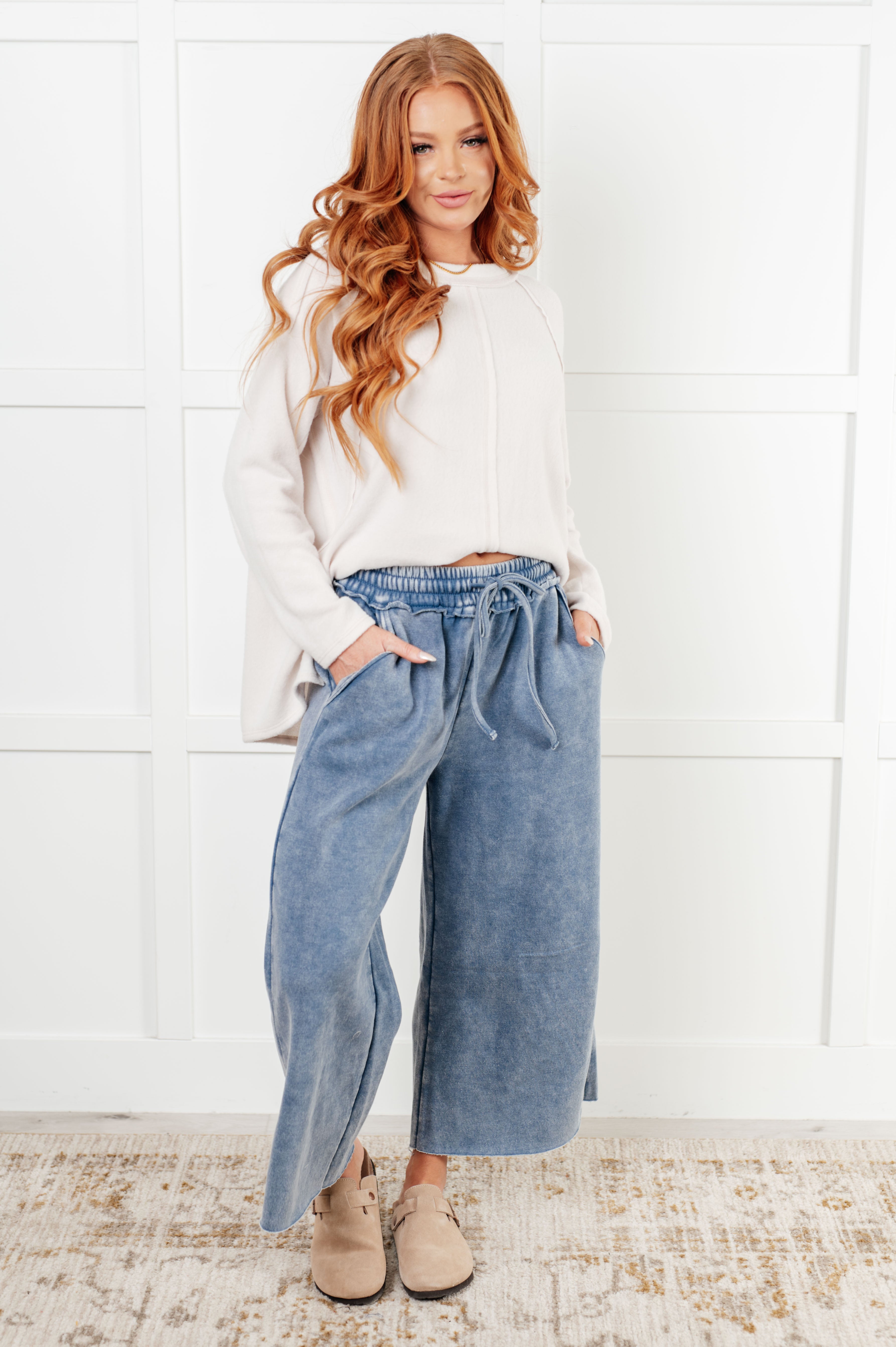 Stylish Dusty Blue Wide Leg Cropped Pants for Women - Casual & Office Wear | Comfortable High Waist Trousers for Everyday Outfits