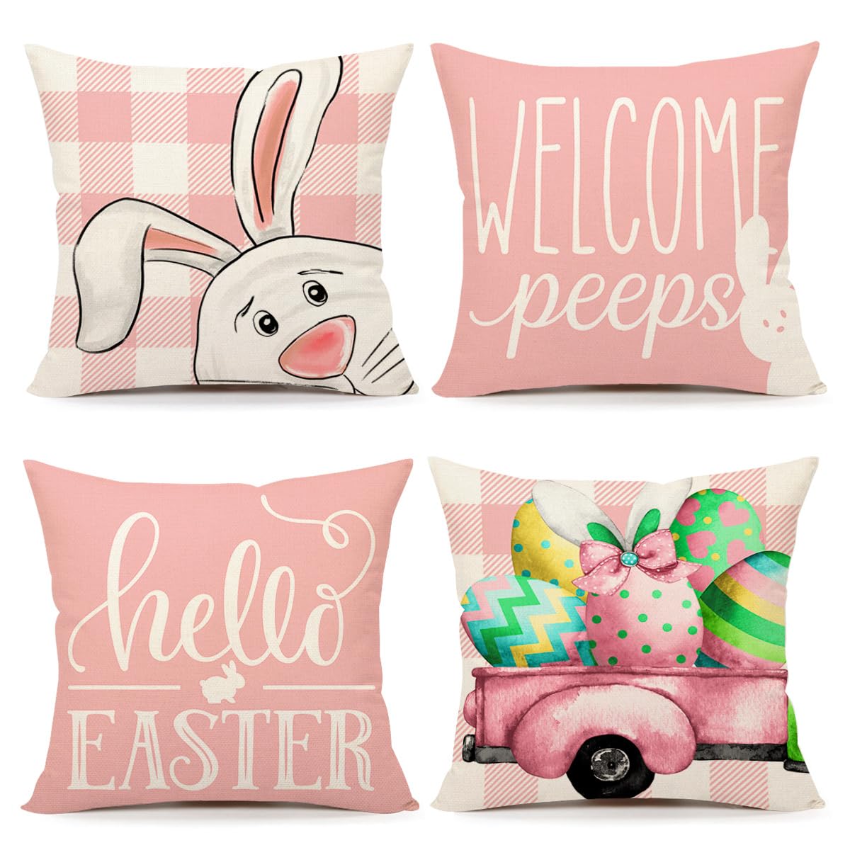 4 Pack Easter Pillow Covers 16x16 Inches - Farmhouse Spring Decor with Buffalo Plaid Bunny Design in Pink - Cushion Cases for Sofa, Bed, Living Room Easter Decorations