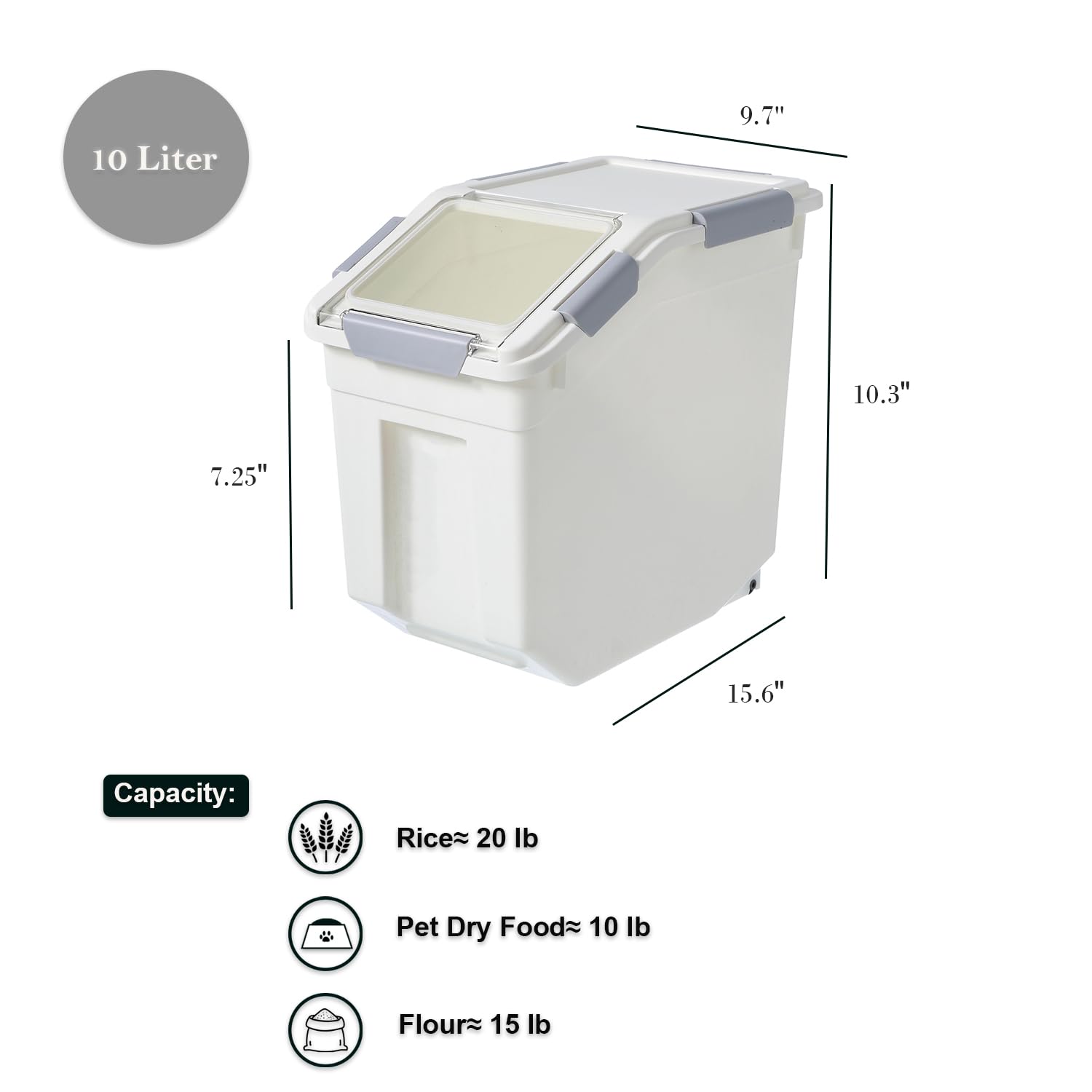 HANAMYA 10 Liter / 10 lbs BPA-Free Pet Food Storage Container with Measuring Cup - Airtight Dry Food Dispenser for Dog Food, Cat Food, Rice, Grain & Flour - White & Gray (1 Count) | Perfect for Kitchen Pantry Organization & Pet Food Storage