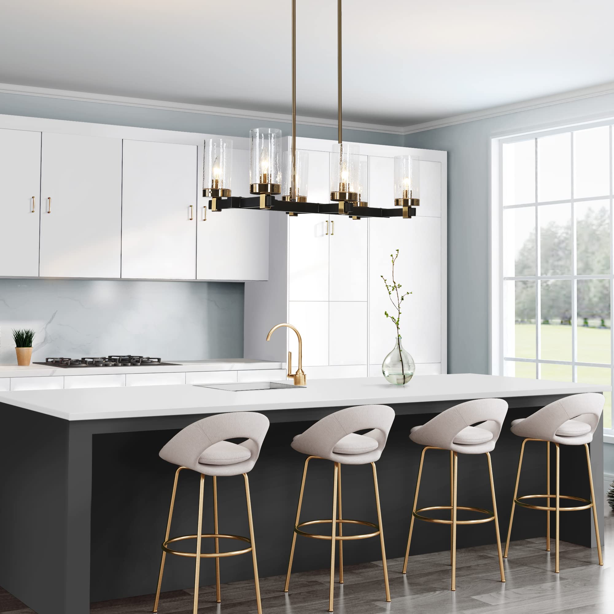ZEVNI 6-Light Black Gold Modern Chandelier with Seeded Glass Shade - 27