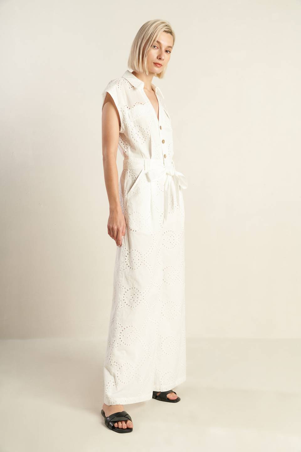 Stylish White Eyelet Jumpsuit for Women - Summer Boho Romper with Short Sleeves & Elastic Waist | Perfect for Beach Vacations, Music Festivals, and Casual Outings