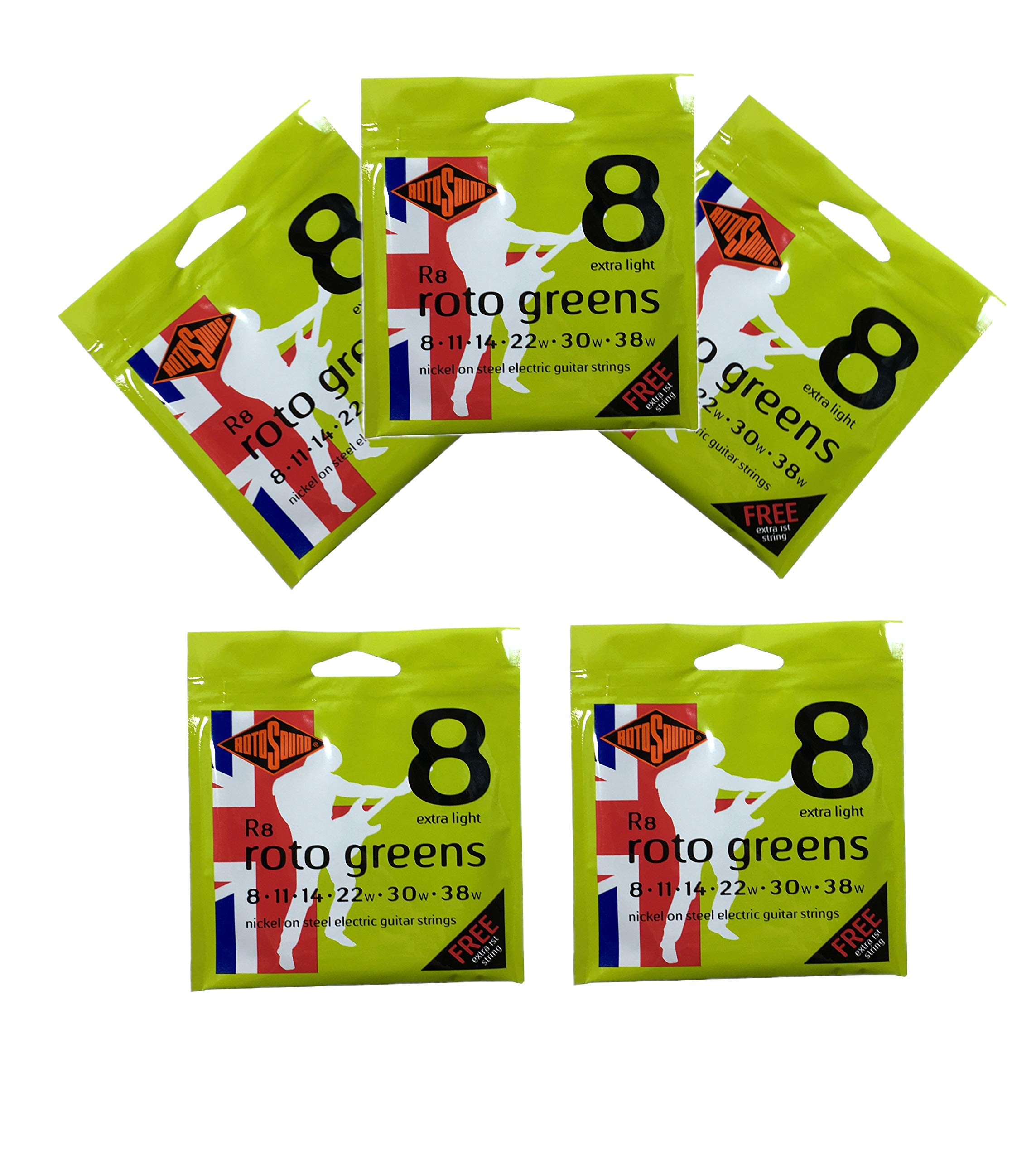 RotoSound Roto Greens Nickel Steel Electric Guitar Strings - Extra Light 8-38 Gauge (5 Pack) | Perfect for Rock, Blues & Jazz Performances