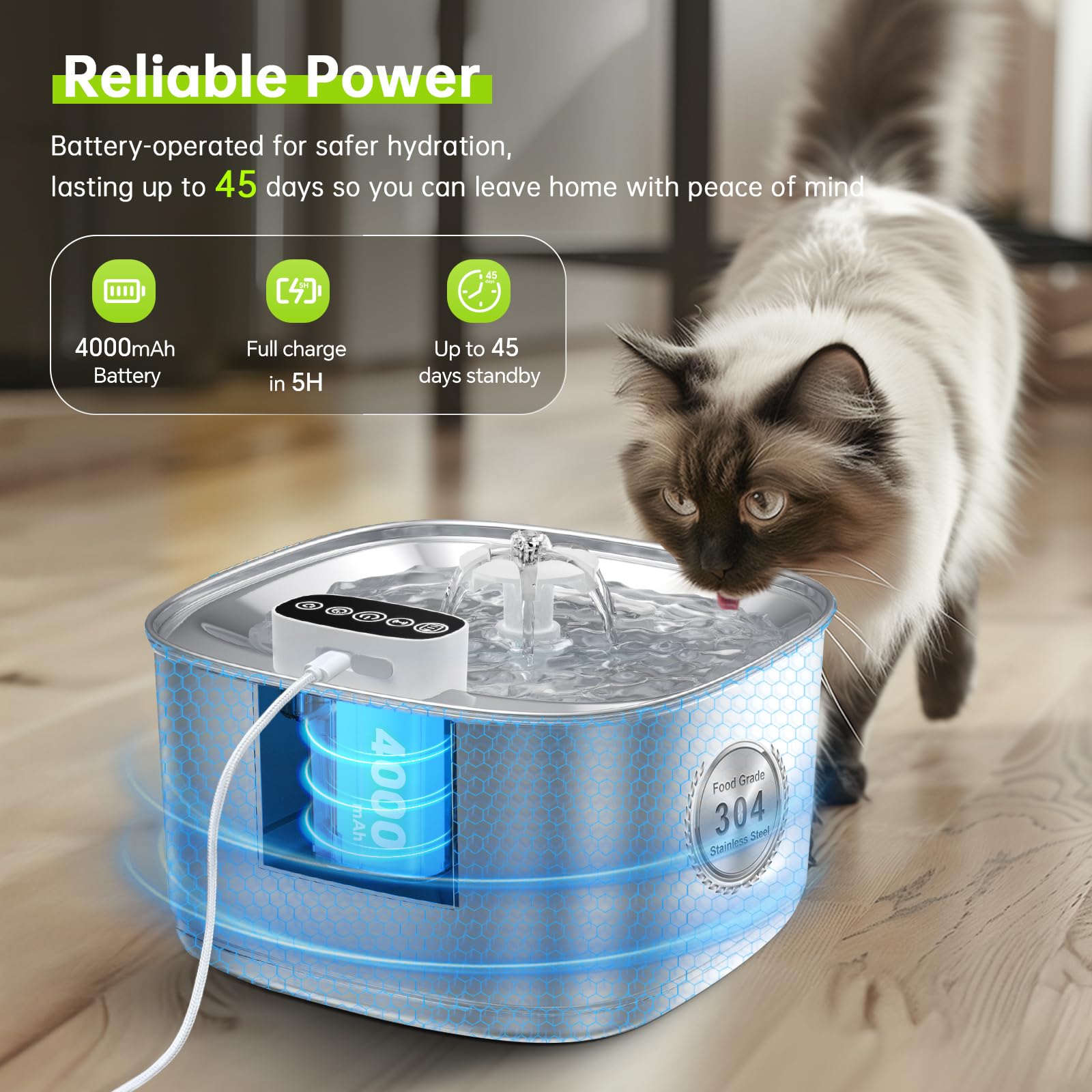 Stainless Steel Cat Water Fountain Wireless - 108oz/3.2L Cordless Pet Fountain with 4000mAh Battery, Motion Sensor & 3 Modes, Ultra Quiet Automatic Water Dispenser for Cats, Dogs, and Small Pets | Indoor Home Use for Hydration & Pet Health