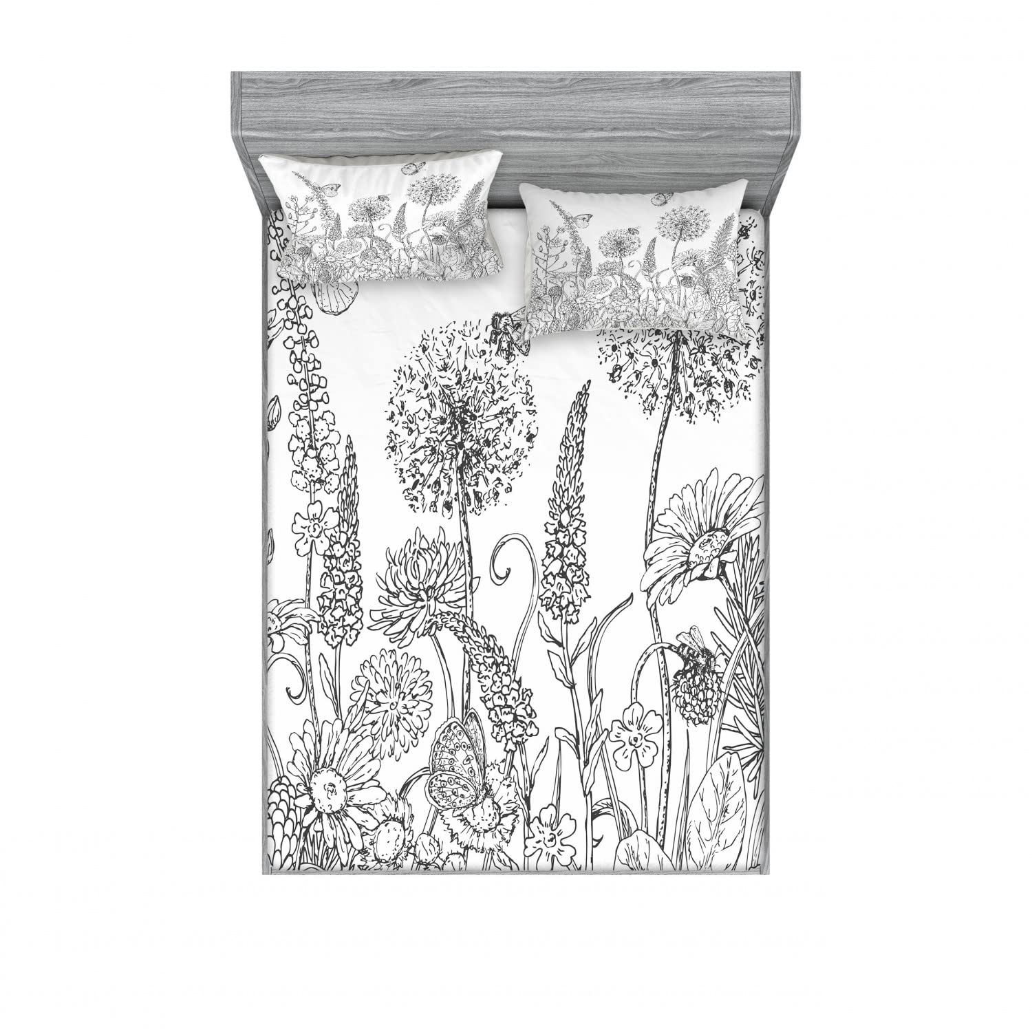 Ambesonne Floral 2-Piece Queen Size Fitted Sheet Set with 4 Pillow Shams - Elegant Flowers Garden Scenery Printed Bedding Decor in White & Grey | Perfect for Master Bedroom, Guest Room, and Vacation Home Decor