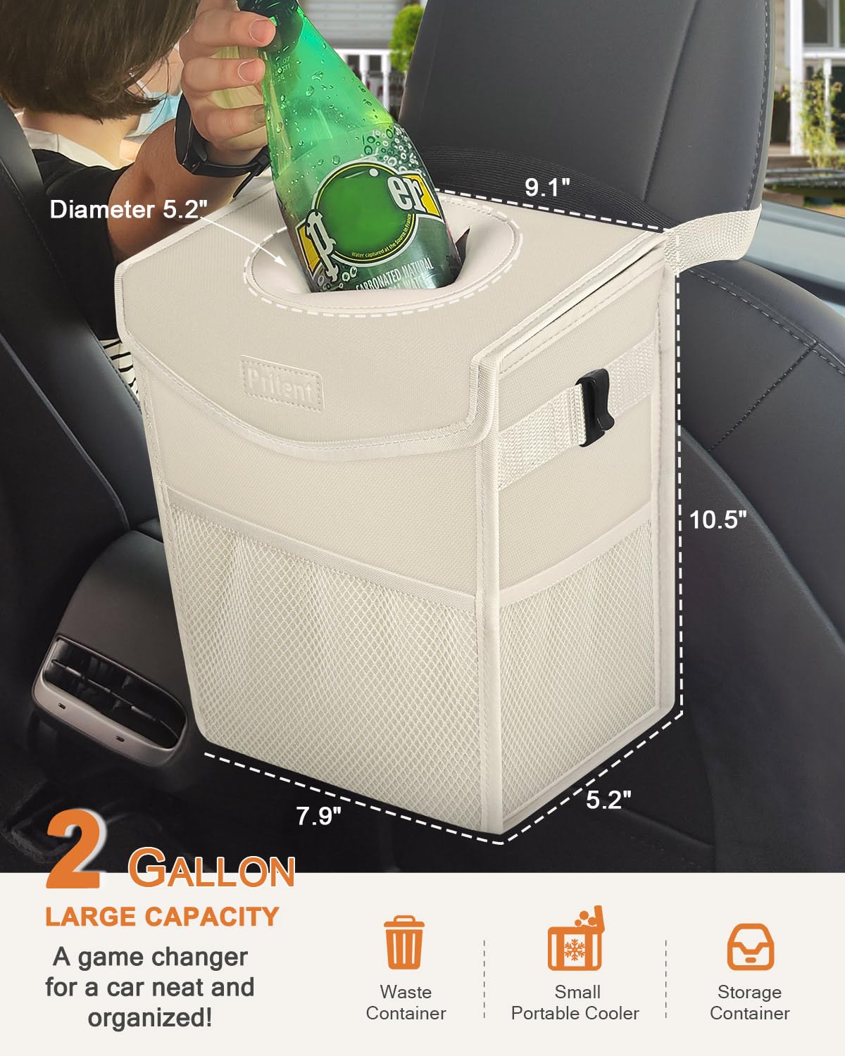 Leakproof Car Trash Can with Lid - Hanging Vehicle Garbage Bin Organizer for Front/Back Seat, Portable Automotive Trash Bag (Trapezoid, Beige) - Perfect for Road Trips, Commuting & Keeping Your Car Clean