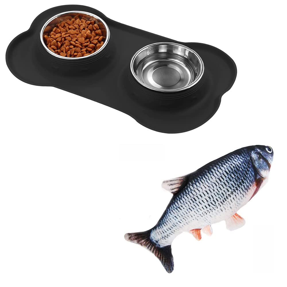 Interactive Floppy Fish Cat Toy with 2-in-1 Food & Water Bowl Set - Fun Playtime & Feeding Solution for Indoor Cats