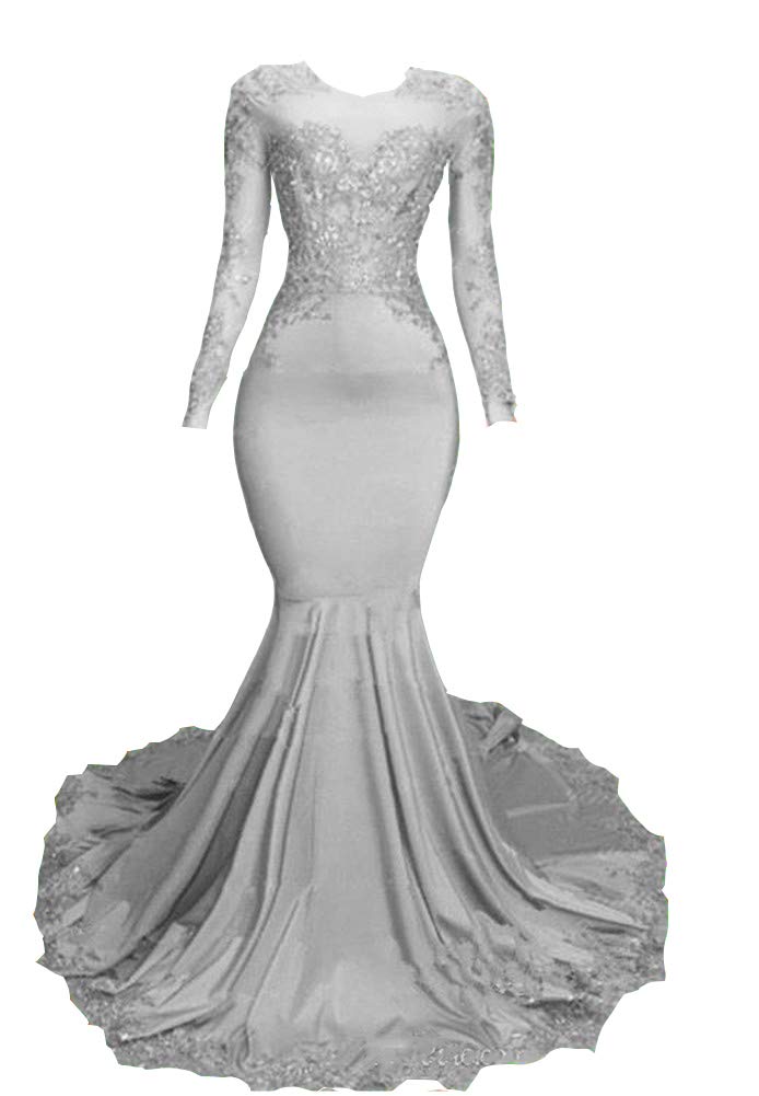 Elegant Silver Satin Mermaid Prom Dress with Lace Applique - Women's Long Sleeve Formal Evening Gown for Homecoming, Wedding Guest, and Black Tie Events