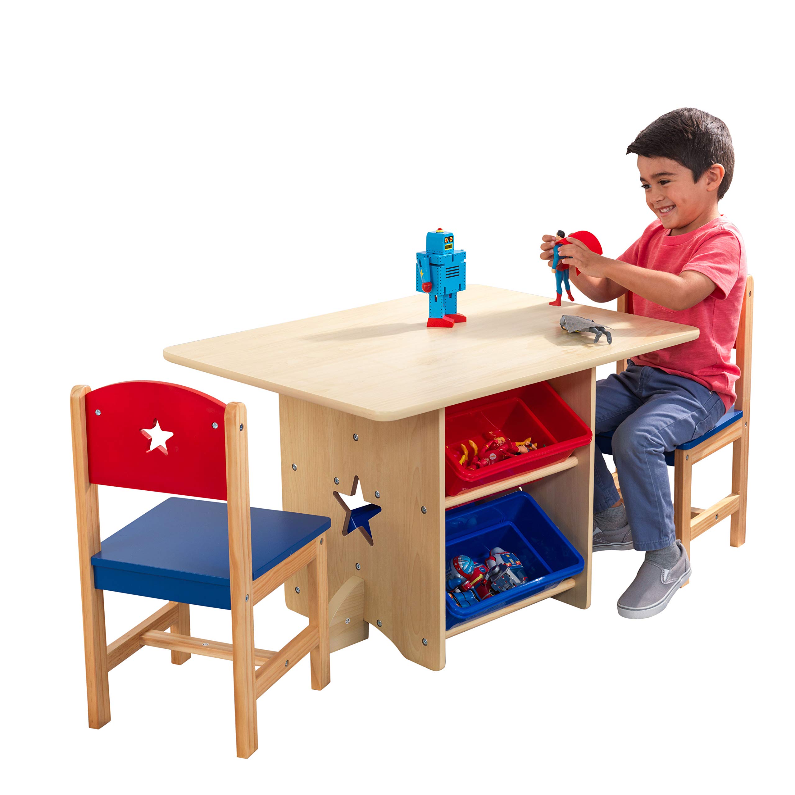 KidKraft Wooden Star Table & Chair Set with 4 Storage Bins - Kids Study Desk & Play Table for Toddlers, Red, Blue & Natural - Perfect for Preschool Learning, Arts & Crafts, and Playroom Activities
