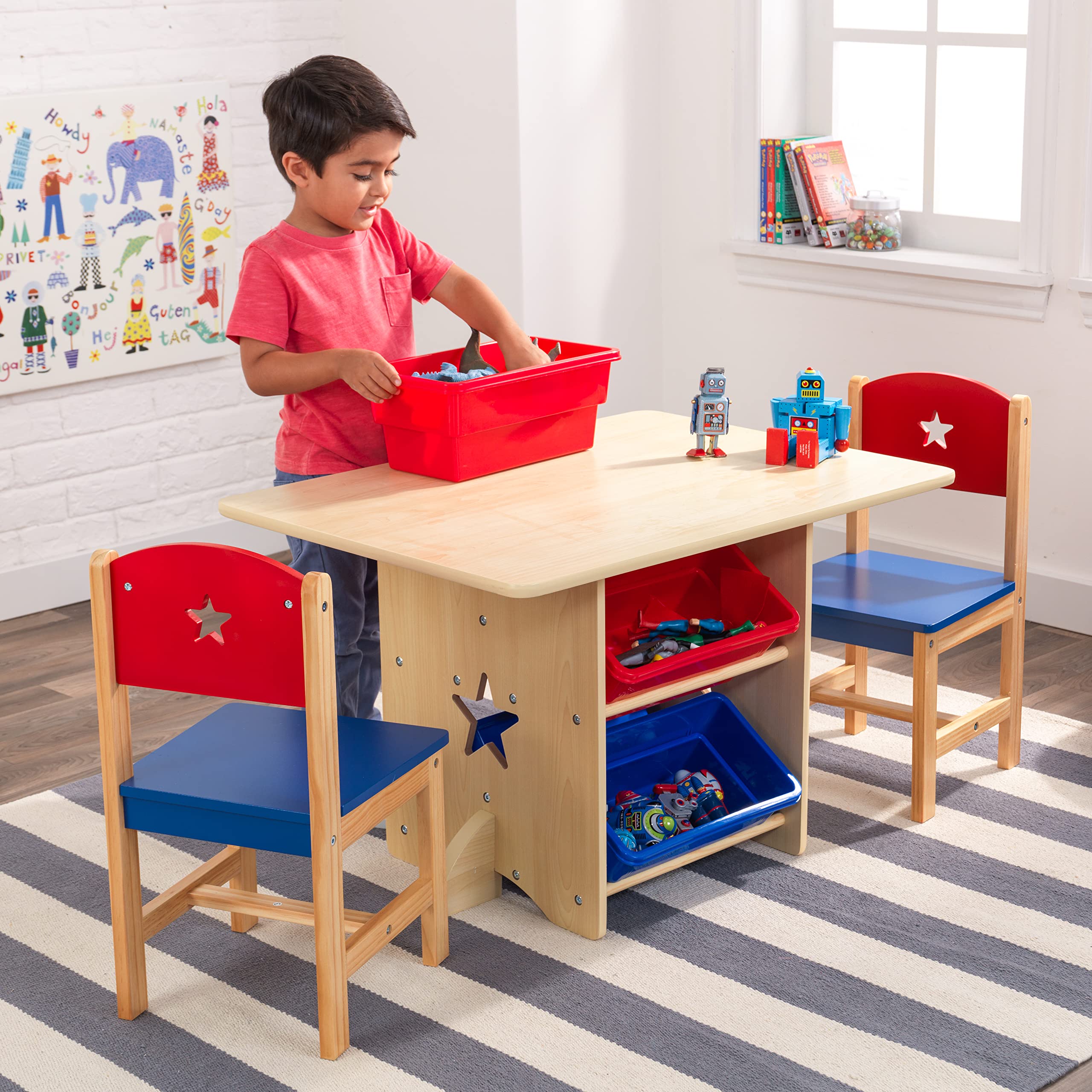 KidKraft Wooden Star Table & Chair Set with 4 Storage Bins - Kids Study Desk & Play Table for Toddlers, Red, Blue & Natural - Perfect for Preschool Learning, Arts & Crafts, and Playroom Activities
