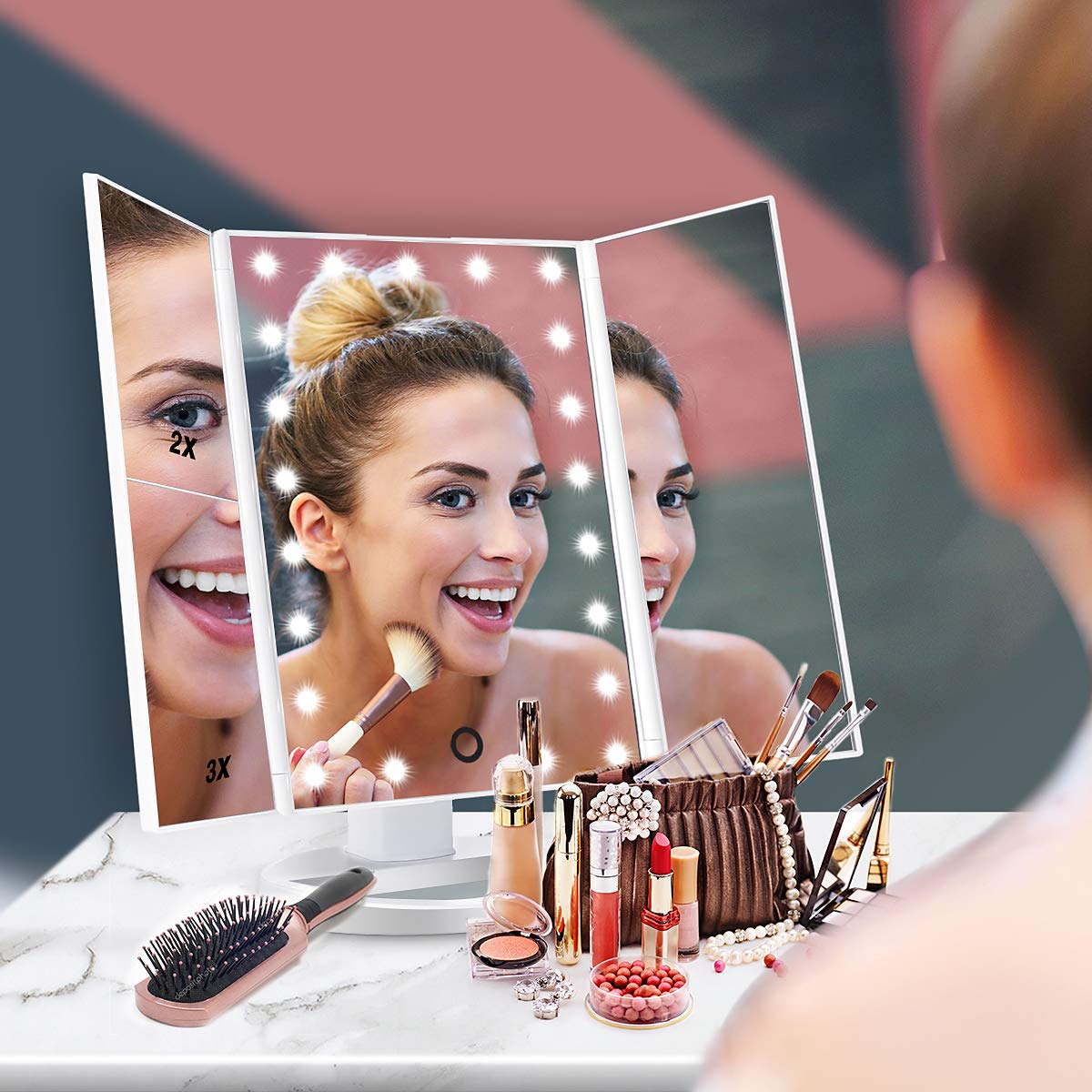 Professional LED Vanity Mirror with Lights - 1X/2X/3X/10X Magnification, Touch Control & Dual Power Supply - Portable Makeup Mirror for Women - Perfect for Home, Travel & Salon Use (White)