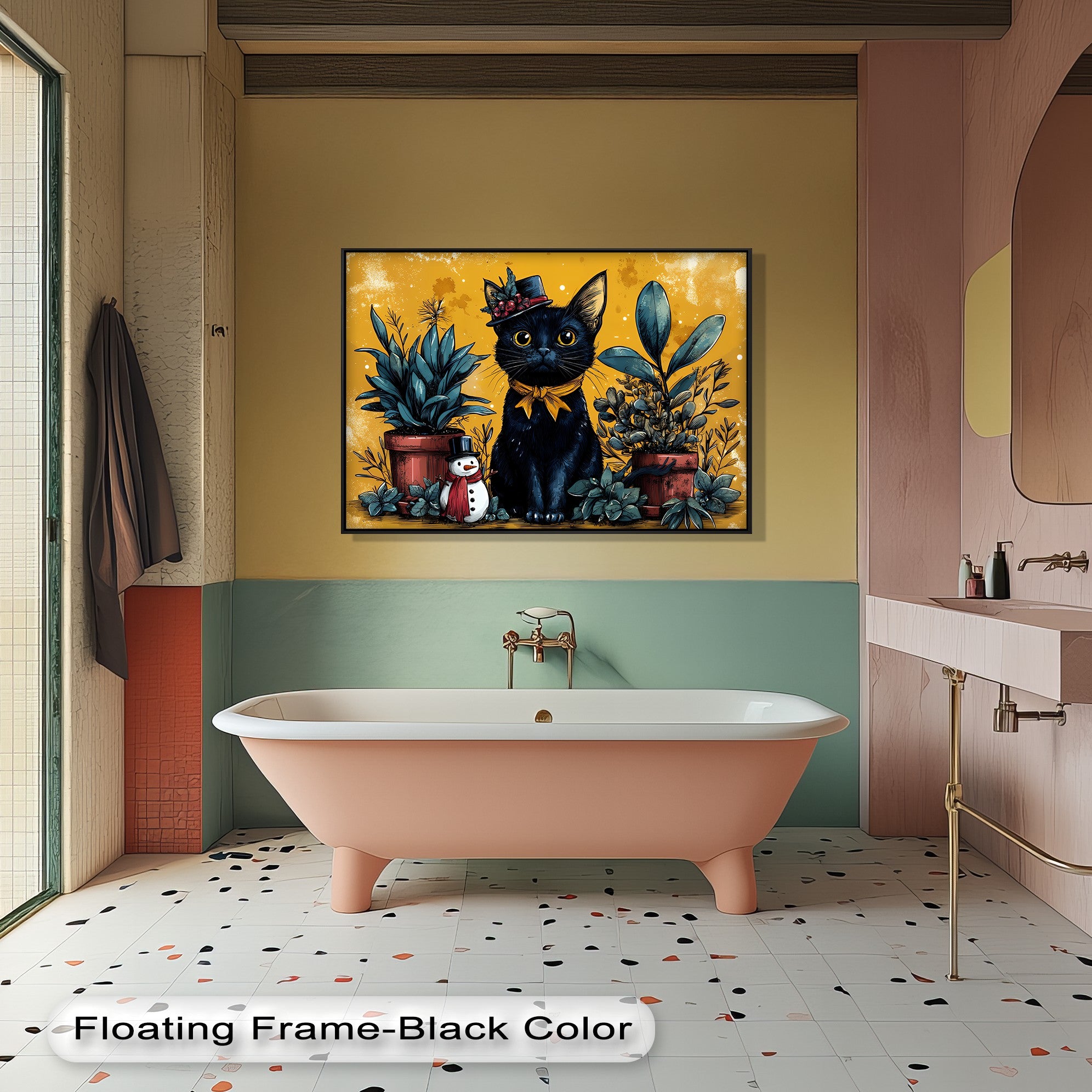 Black Cat with Holiday Hat and Yellow Ribbon - Festive Cat Canvas Print Wall Art for Christmas Home Decor, Living Room, Bedroom & Office