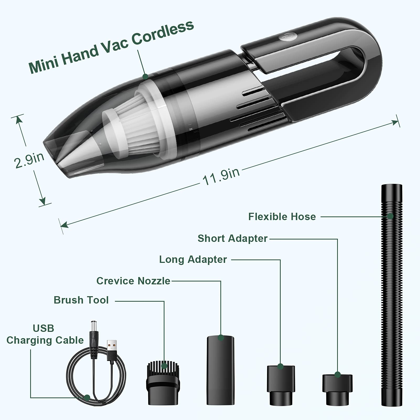 Cordless Handheld Vacuum Cleaner - Rechargeable Mini Vacuum for Car, Home, Office & Pet Hair | Portable Travel Cleaning Device (Black) | Perfect for Car Detailing, Quick Spills & Pet Hair Removal
