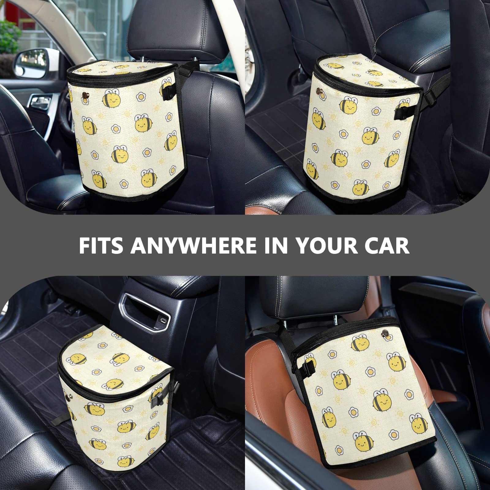 Bee-Themed Leak-Proof Car Trash Can with Lid - Hanging Vehicle Garbage Bin Organizer for Front & Back Seats | Perfect for Road Trips, Commuting & Family Travel