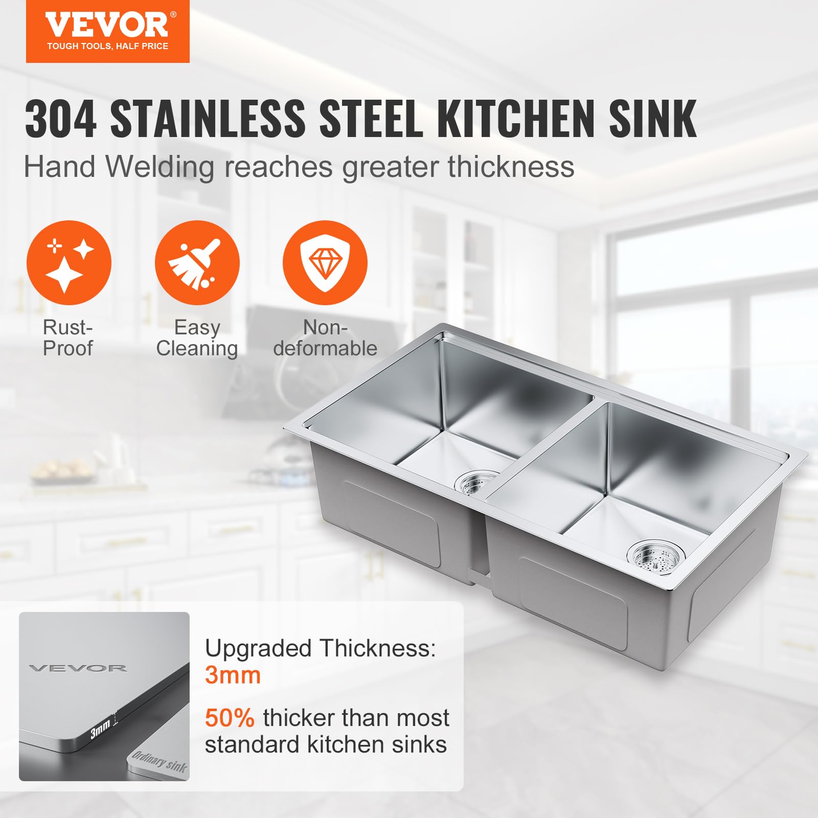 VEVOR 33 Inch 304 Stainless Steel Double Bowl Kitchen Sink - Undermount/Drop-In Design with Ledge & Accessories - Durable Workstation, RV, Prep Kitchen & Bar Sink for Dishwashing & Food Preparation