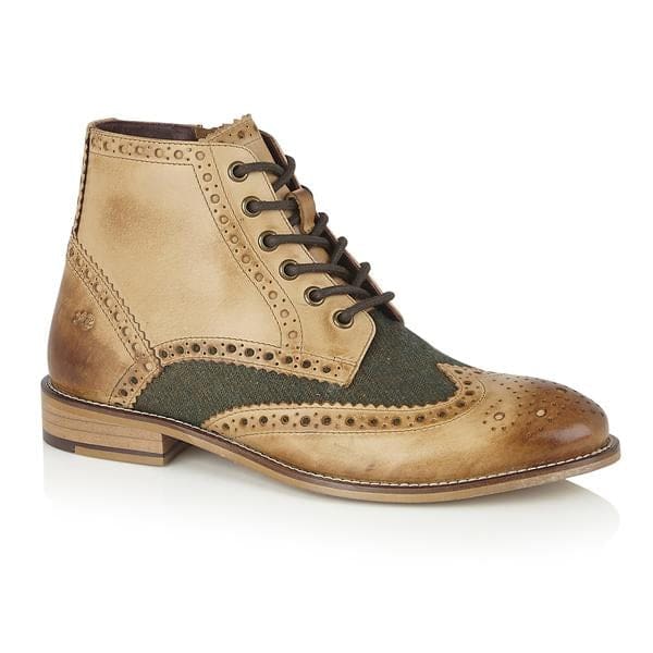 London Brogues Gatsby Boot Tan/Green Tweed Men's Boots - Stylish Vintage Leather Dress Shoes for Formal Occasions & Business Events