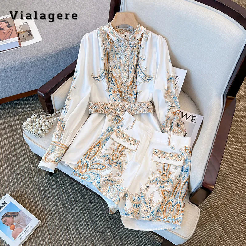 2024 Women's Vintage Two-Piece Set - Long Sleeve Single Breasted Top & Printed Shorts | Summer & Autumn Luxury Outfit for Casual Wear, Date Night & Vacation