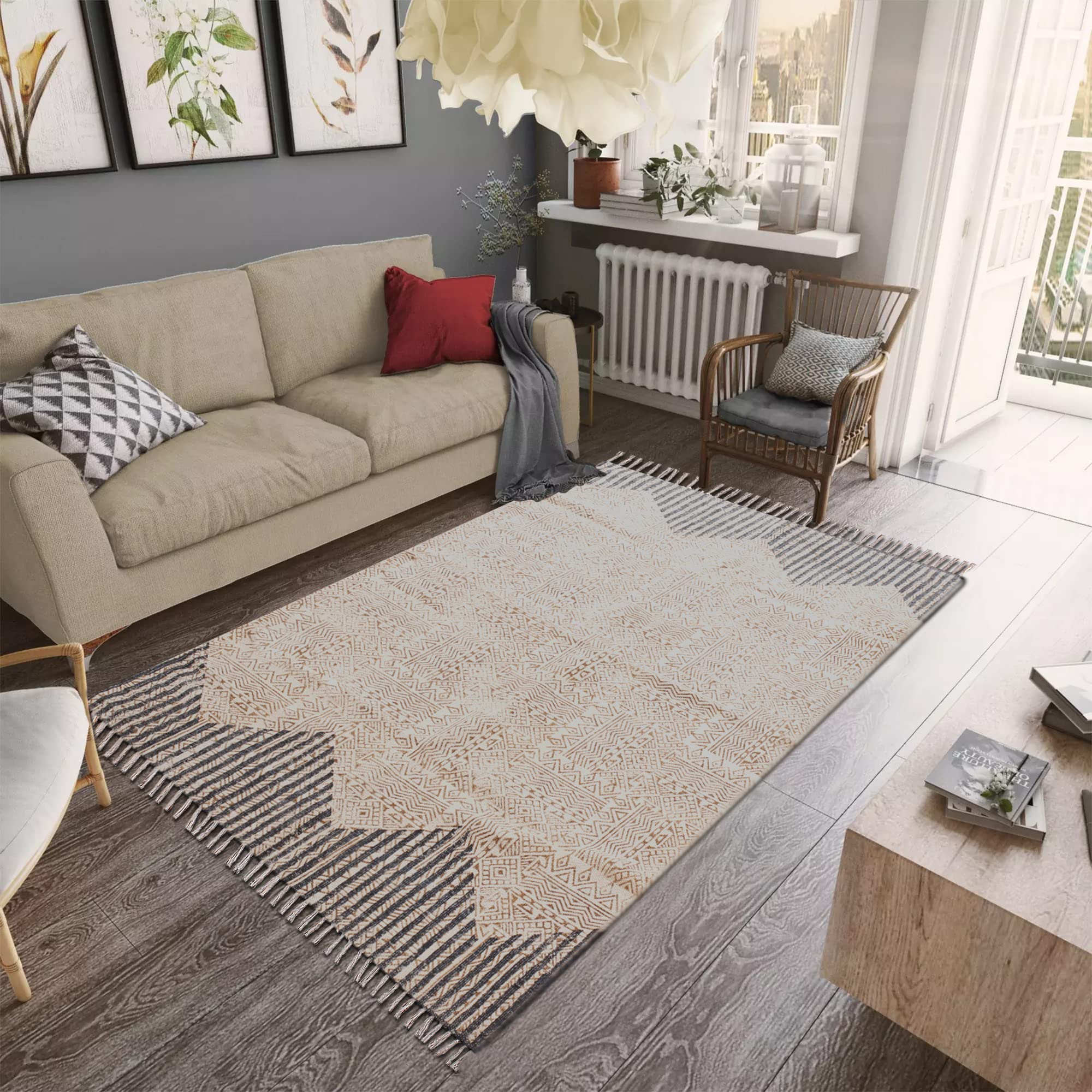 5x7 Ft Brown & Black Cotton Dhurrie Striped Kilim Rug - Rectangular Flatweave Indoor/Outdoor Rug for High Traffic Areas - Perfect for Bedroom, Dining Room & Living Room Decor