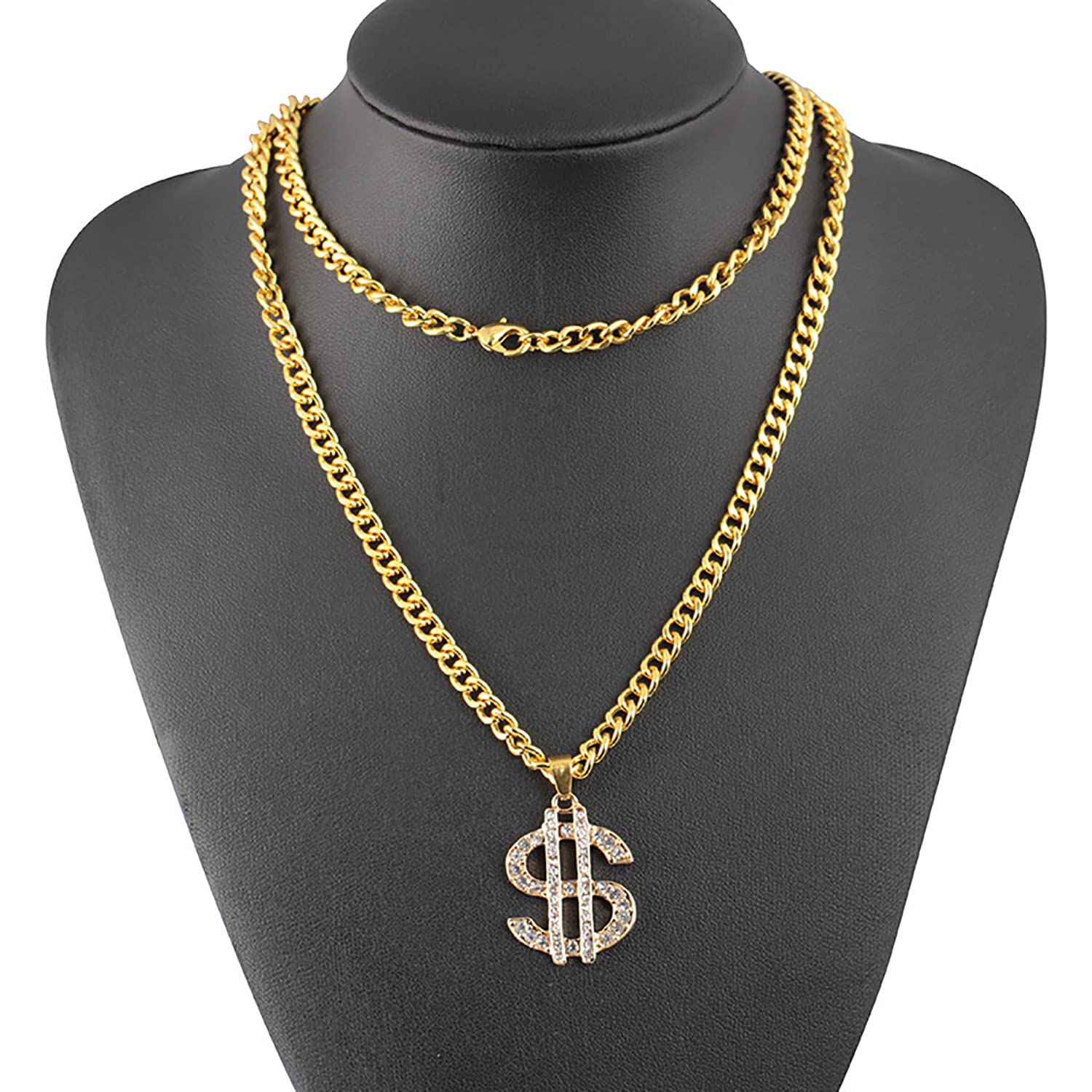 Gold Plated Dollar Sign Pendant Necklace for Men & Women - Hip Hop Rhinestone Chain Jewelry - Perfect for Parties, Gifts & Streetwear Fashion