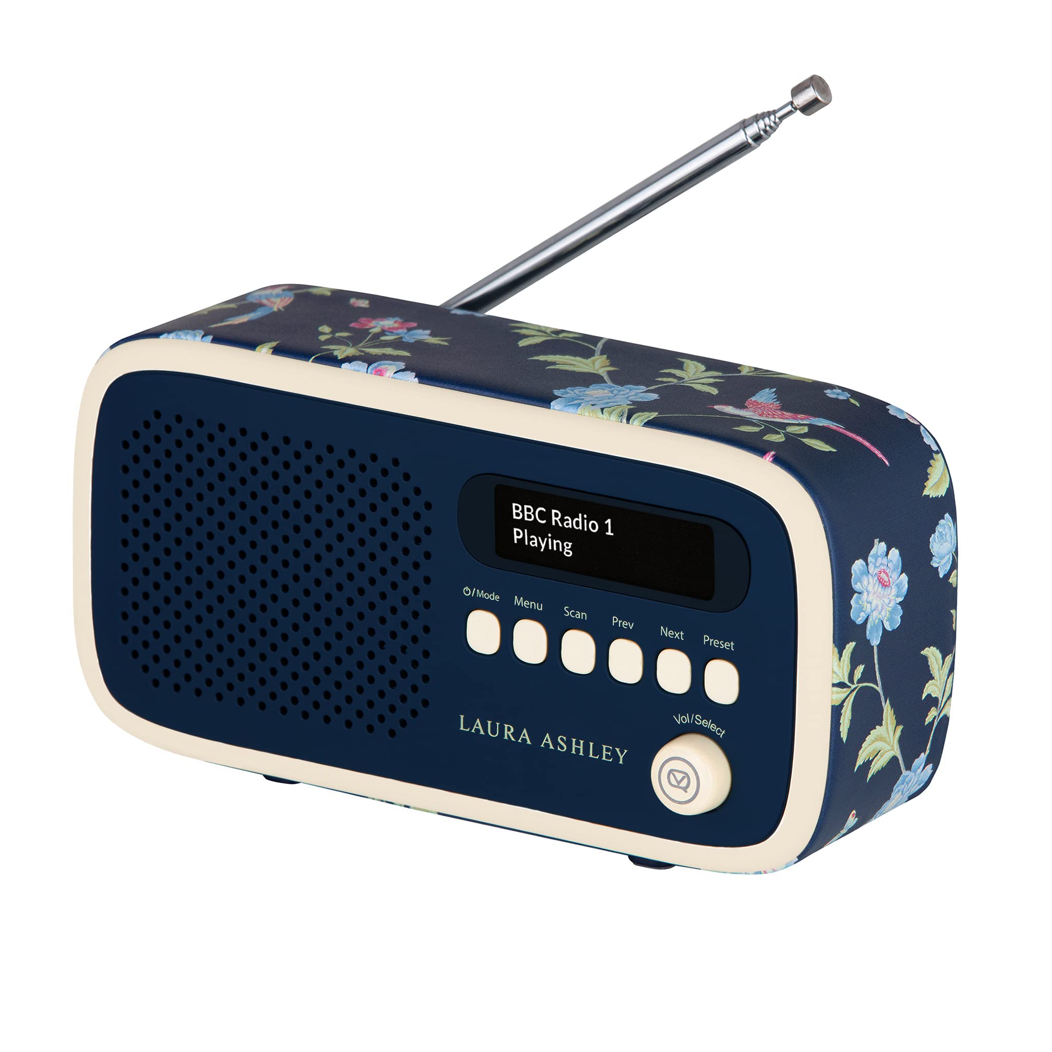 VQ Laura Ashley Dexter Dab+/Dab Radio with FM, 3W Stereo Speakers, LCD Display - Mains/Battery Powered Portable Radio with 60 Presets & Headphone Jack - Elveden Navy Blue - Perfect for Bedroom, Kitchen, Office or Travel Use